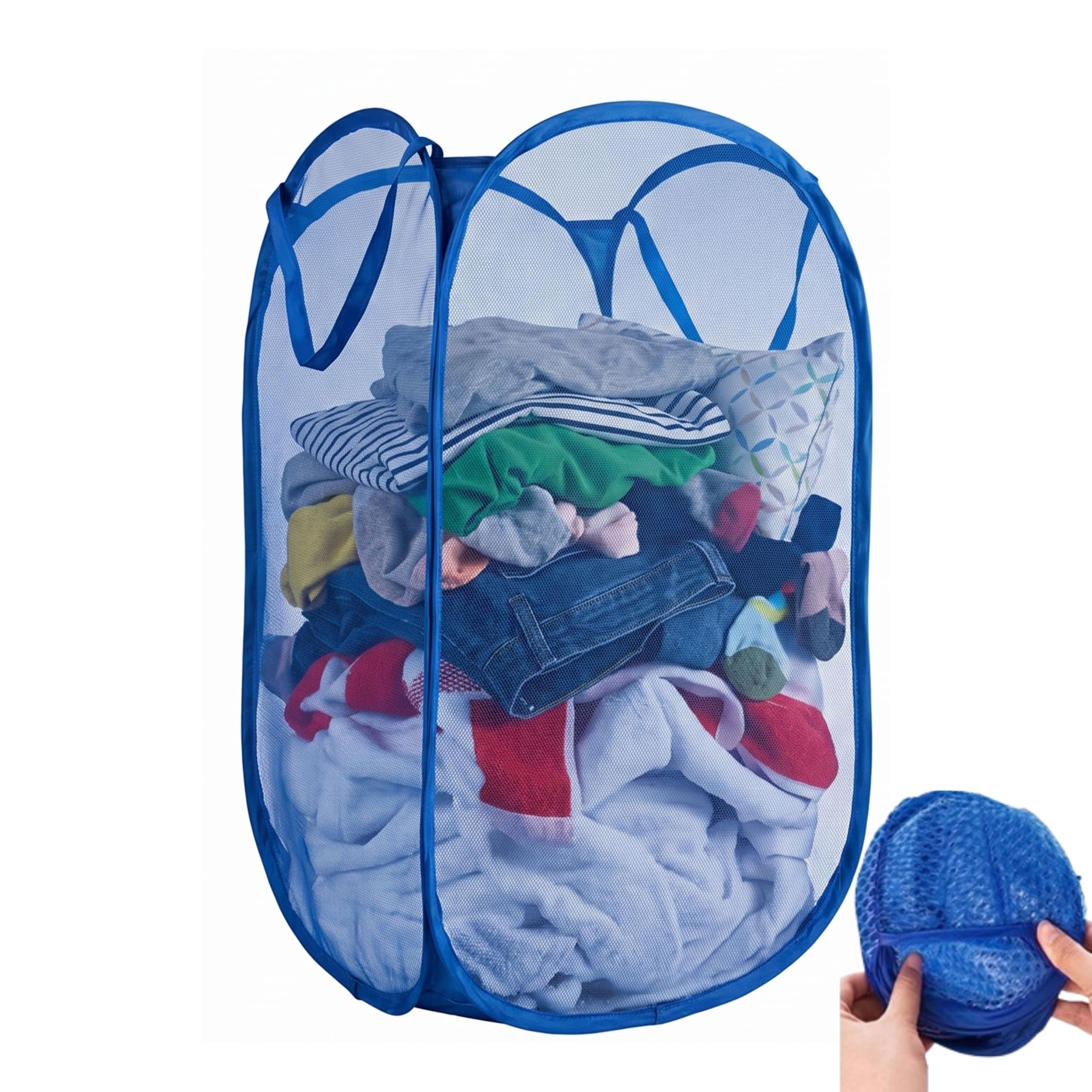 Large Capacity Foldable Laundry Basket | Round Collapsible Nylon Mesh Storage Hamper with Handles | Breathable Clothes, Blanket & Toy Organizer for Home, Dorm & Apartment Storage | Blue-image-23
