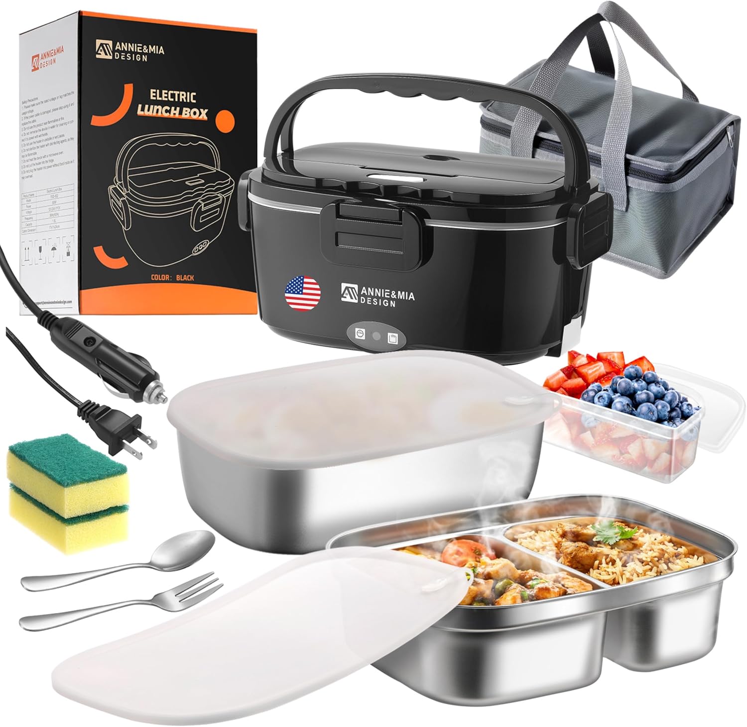 Annie & Mia Design Electric Lunch Box for Adults, 80w 1.5L Dual Container Portable Food WarmerHeated Lunch Box, Home/Car/Office/Truck Use, Lonchera Eléctrica Portátil (black, 1.5L Dual Container) Black 1.5L Dual Container