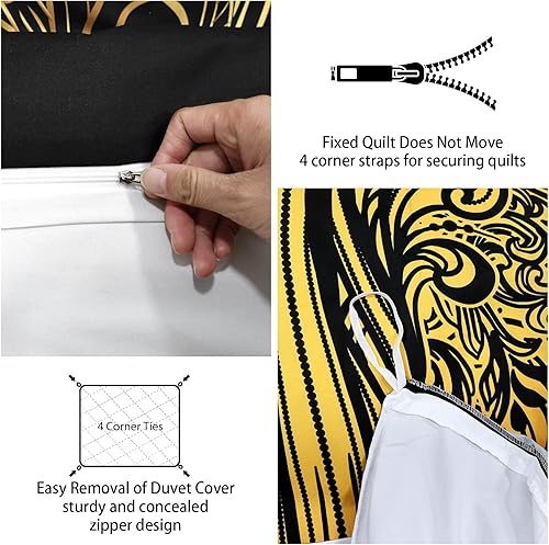 Miniatura 4 de ZHH Juego de funda de edredón de 3 piezas, funda de edredón digital 3D estilo bohemio con 4 cinturones de esquina, suave y transpirable, color negro