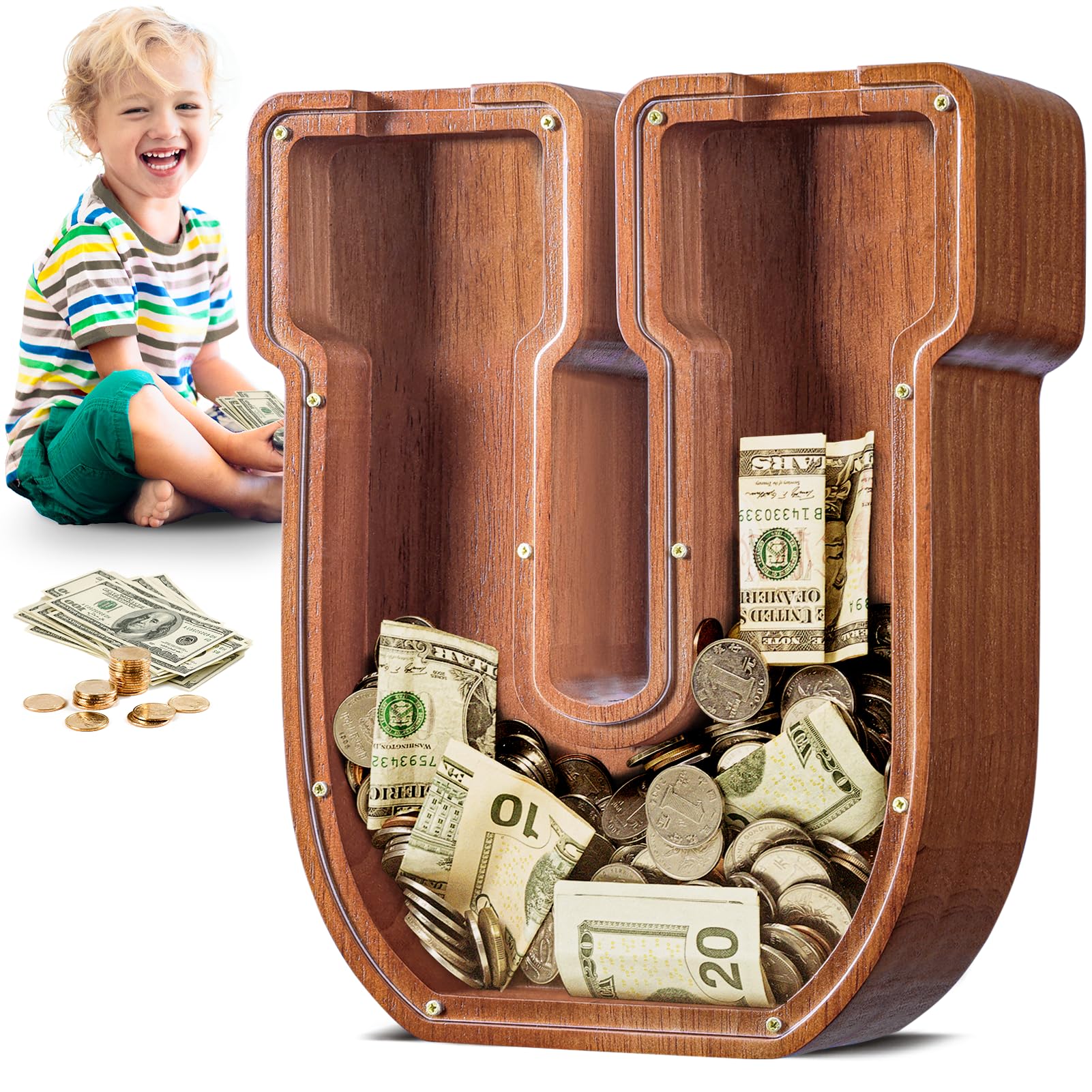SummiDate Wooden Letter Money Box for Kids, Large Piggy Bank for Boys Girls Toddler, Personalised Alphabet U Coin Money Bank for Birthday Children's Day Gift