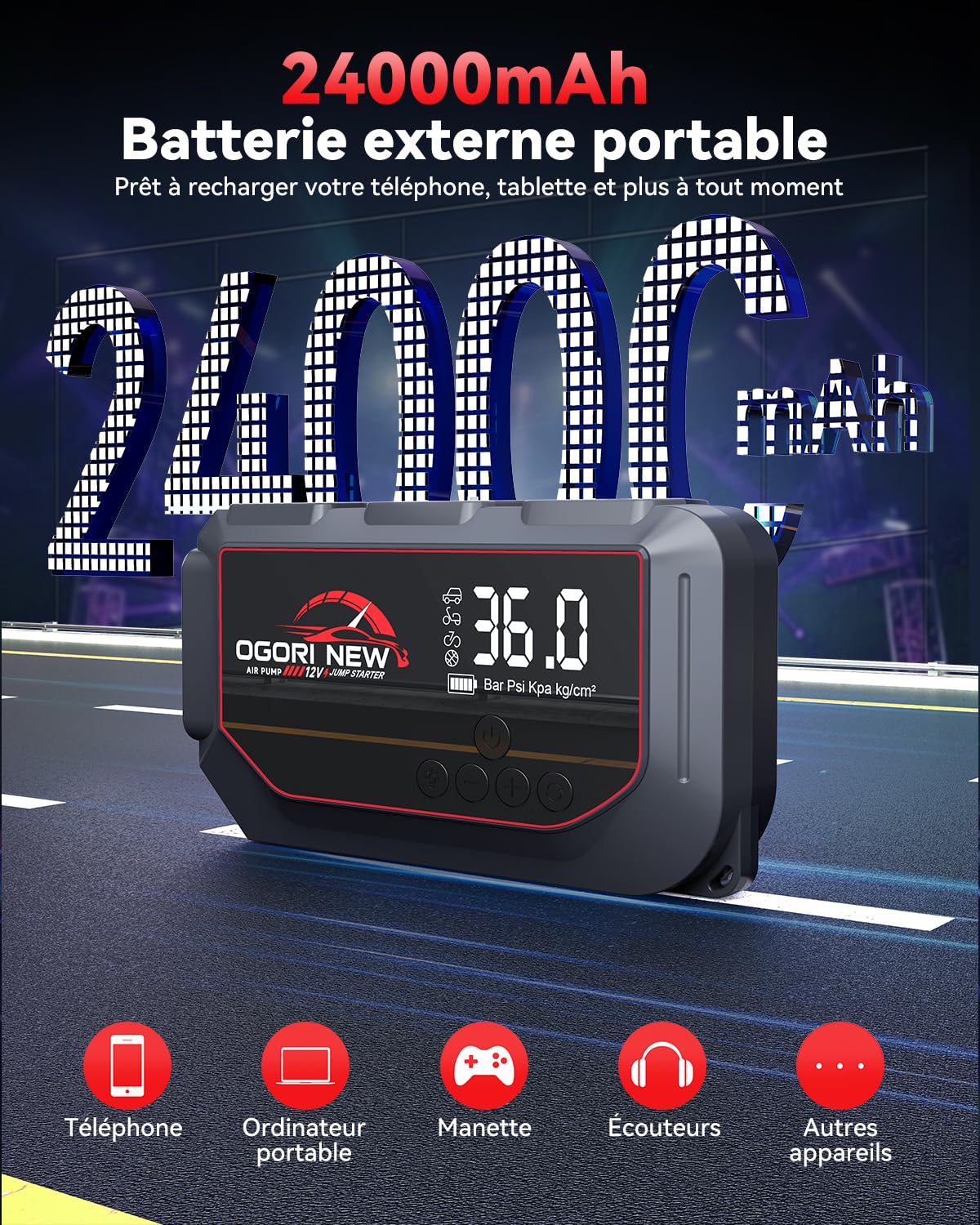 Booster Batterie Voiture avec Compresseur,7000A Démarreur Batterie,12V Démarreur Voiture avec 150PSI Gonfleur de Pneus,Jump Starter avec Powerbank et Chargeur USB (Essence 10L et Diesel 8L)