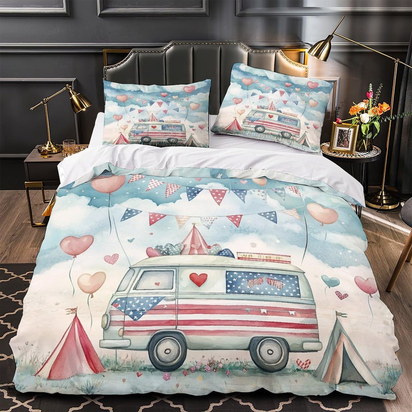 Parure de lit 135x200 fourgonnette vintage housse couette 3D douce taie oreiller ado