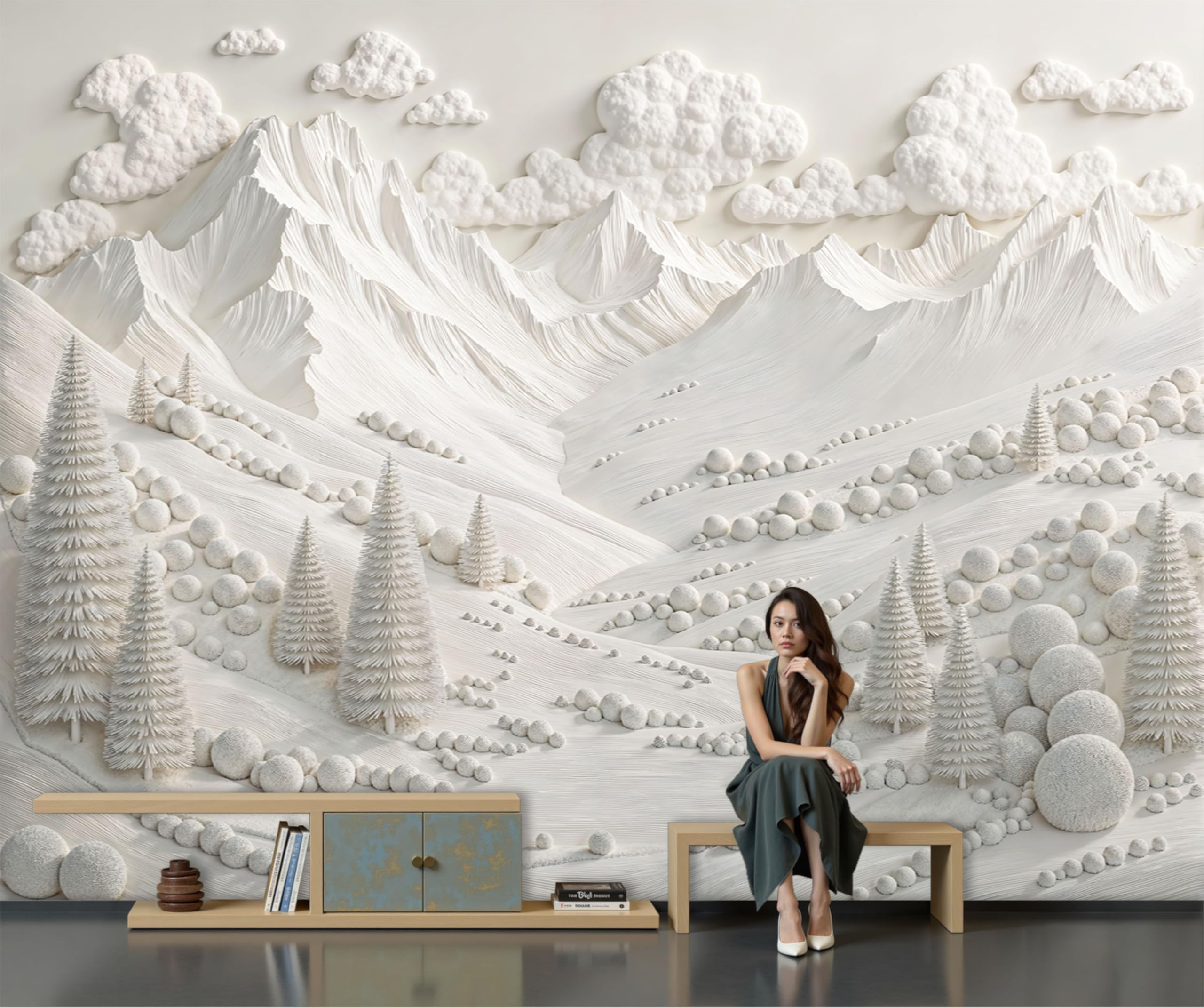Fresque murale intissé relief 3D de forêt beige pour une décoration de salon élégante