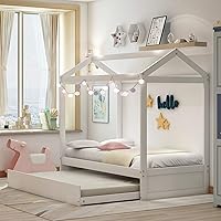 Vista 3 de MERITLINE Cama individual con nido, litera de madera tamaño individual, se puede decorar para niñas, niños, no necesita somier (blanco)