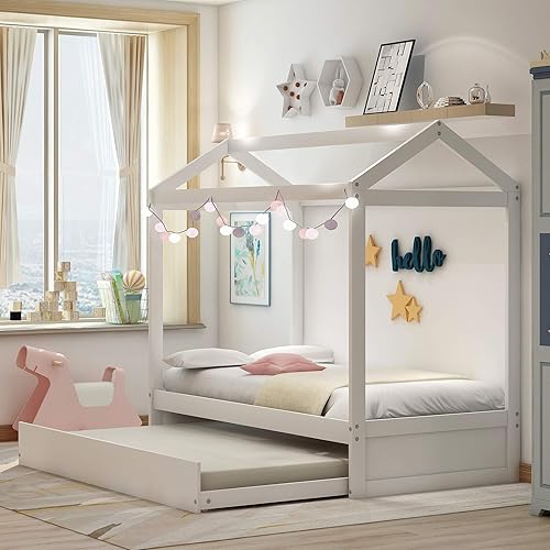 Miniatura 3 de MERITLINE Cama individual con nido, litera de madera tamaño individual, se puede decorar para niñas, niños, no necesita somier (blanco)