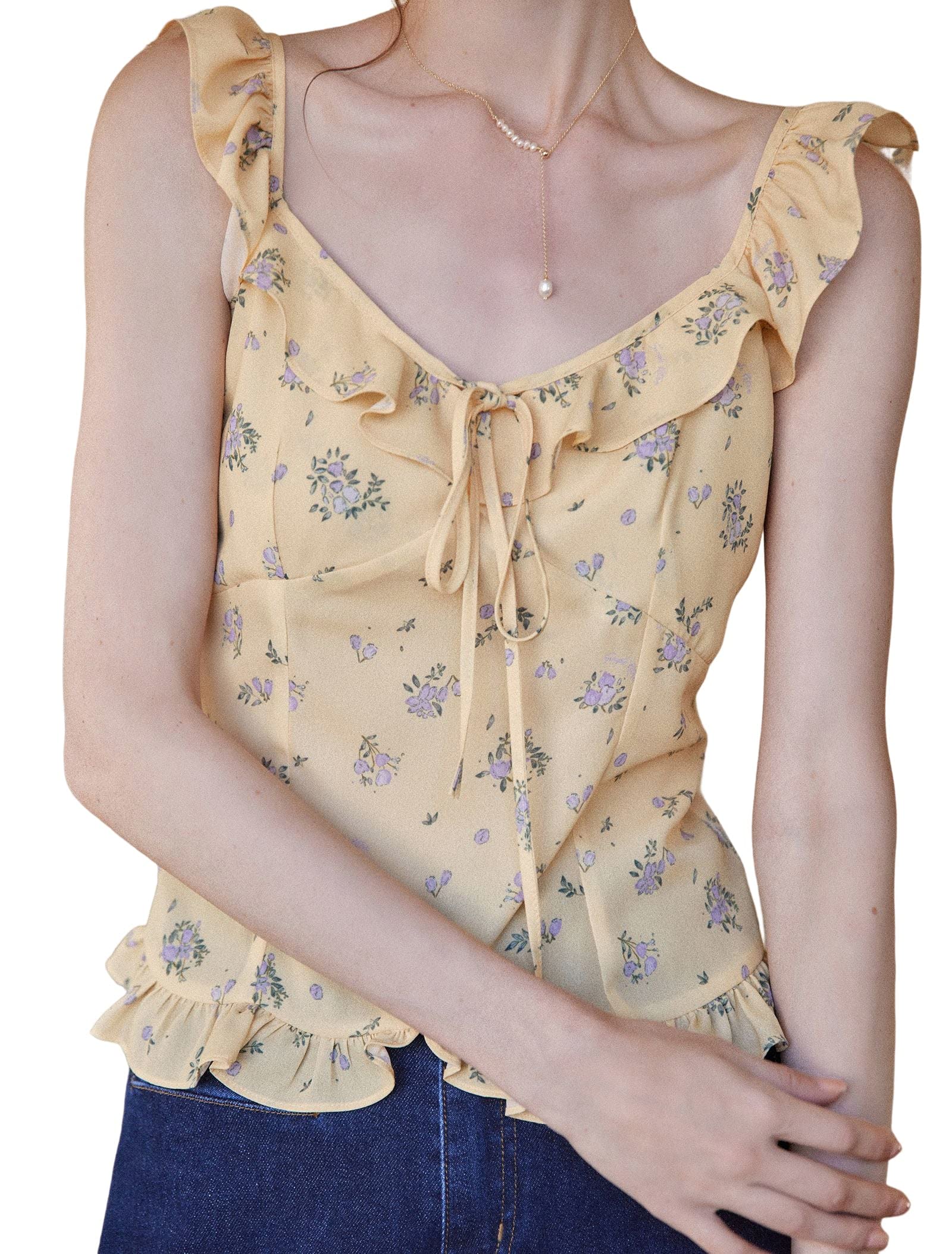 Women’s Floral Print Ruffle Trim Knot Front Sweetheart Neckline Yellow Tank Top