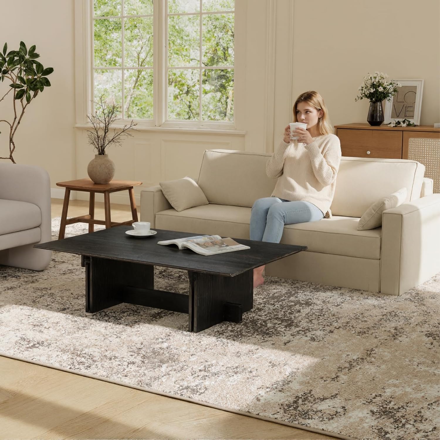 47 Inch Modern Farmhouse Coffee Table, Large Rectangular Wood Center Table with Cross Base for Living Room, Rustic Industrial Cocktail Table, Black