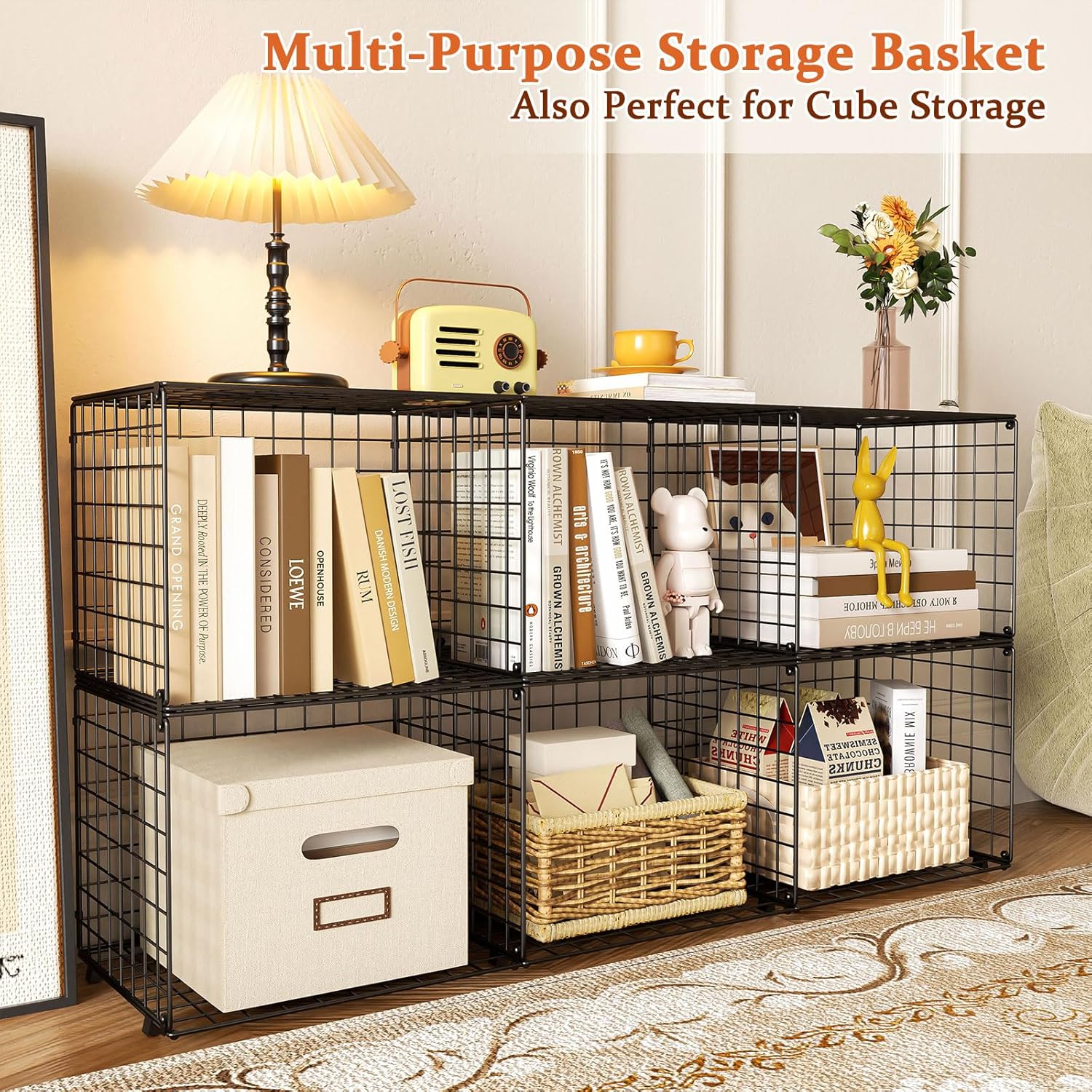 Upgraded Wider & Taller Closet Organizer with Wire Top Shelf, 3-Pack Stackable Closet Shelf Organizer, Space-Saving Clothes Organizer Basket for Closet and Wardrobe, Black