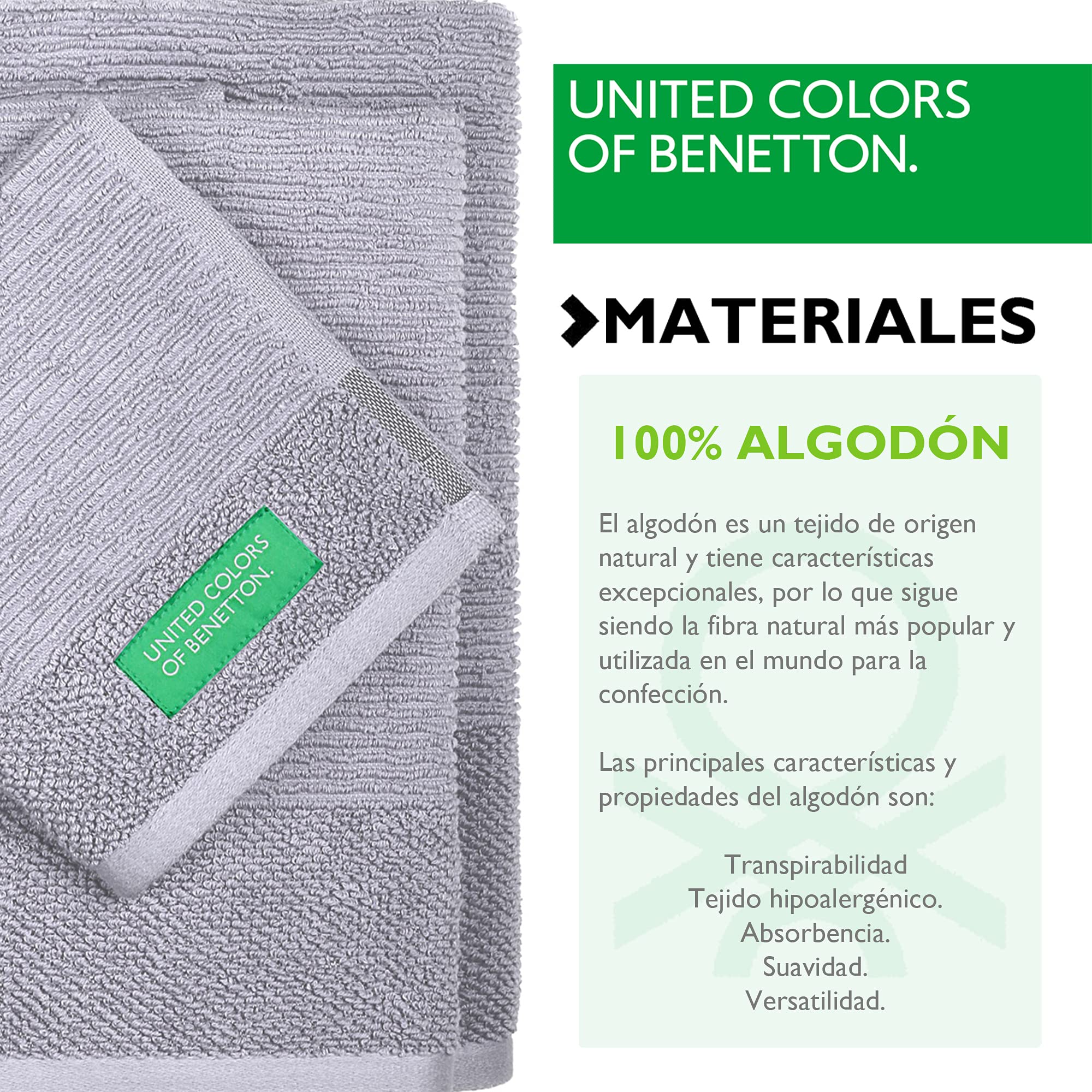 United Colors of Benetton. 3-teiliges Badetuch-Set (30 x 50 + 50 x 90 + 70 x 140 cm), 450 g/m², 100% Baumwolle, Grau Casa (BE023)