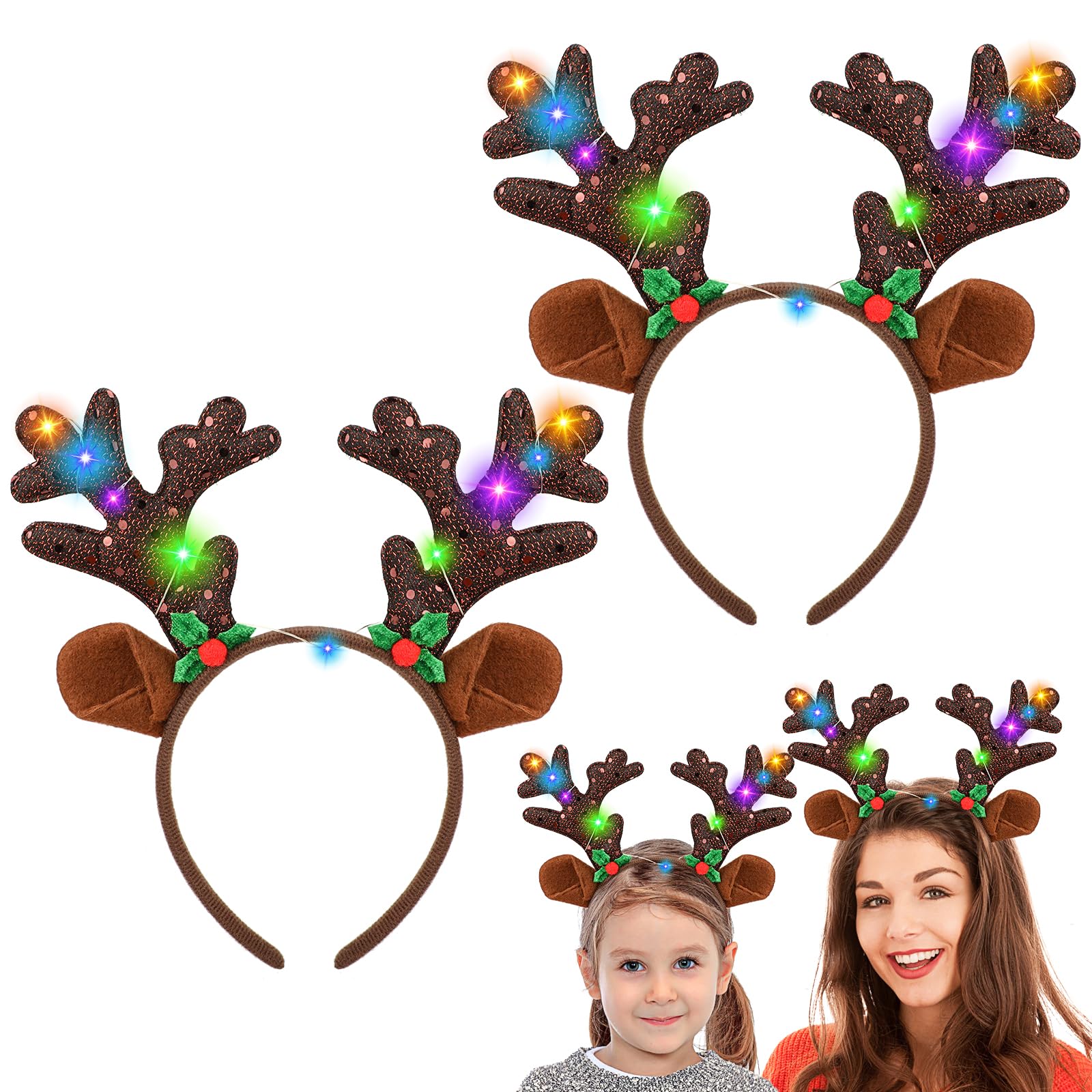 Cerchietto Natalizio Con Corna A LED E Fiori Luminosi - Fascia Per Capelli Con Luci, 3 Modalità, Per Feste, Cosplay E Regali Di Natale
