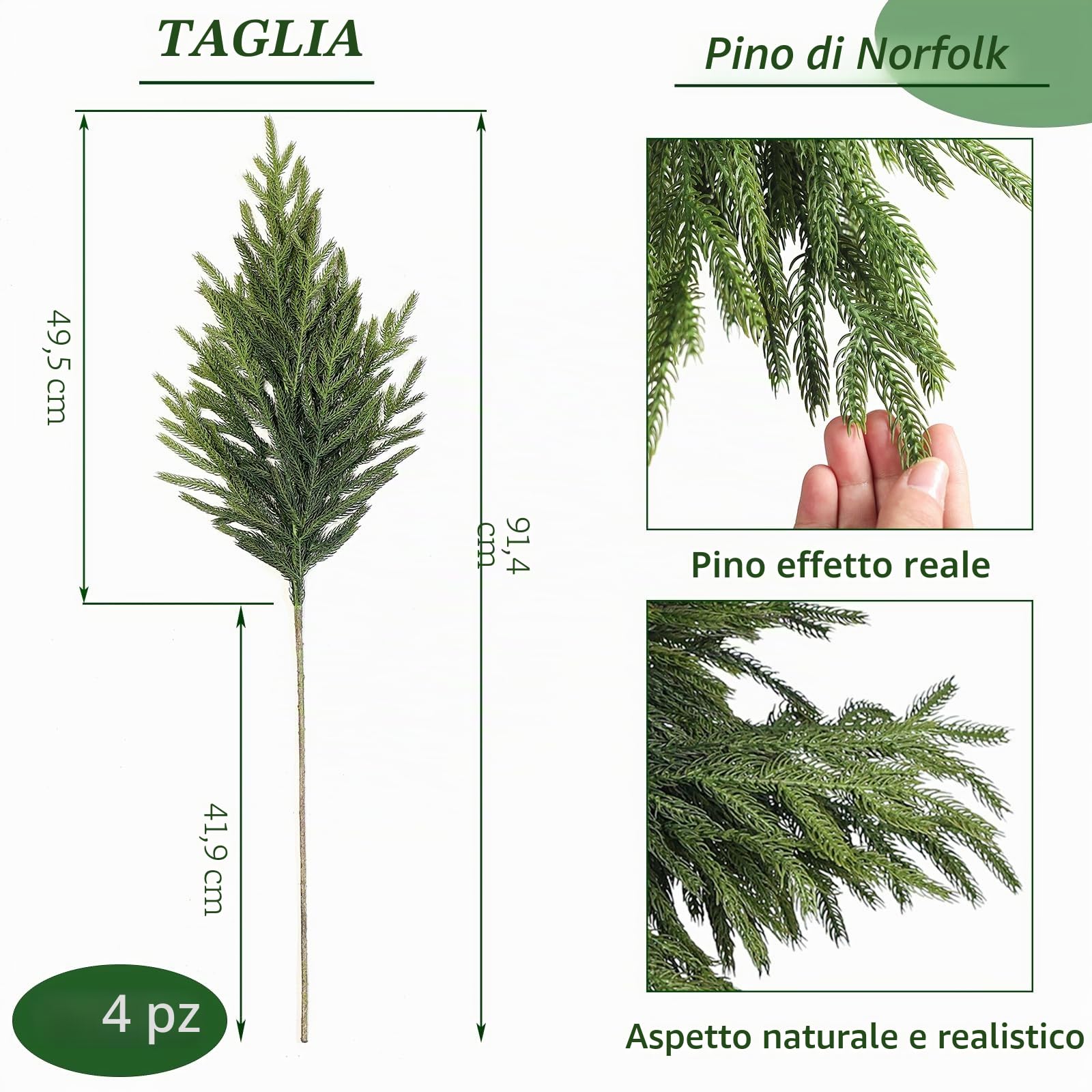 FOTEEWL Real Touch - Ramo di pino norfolk artificiale, 91,4 cm, rami di piante verdi finte, per fai da te, ghirlande, ghirlande natalizie, decorazioni per interni ed esterni (4 pezzi)