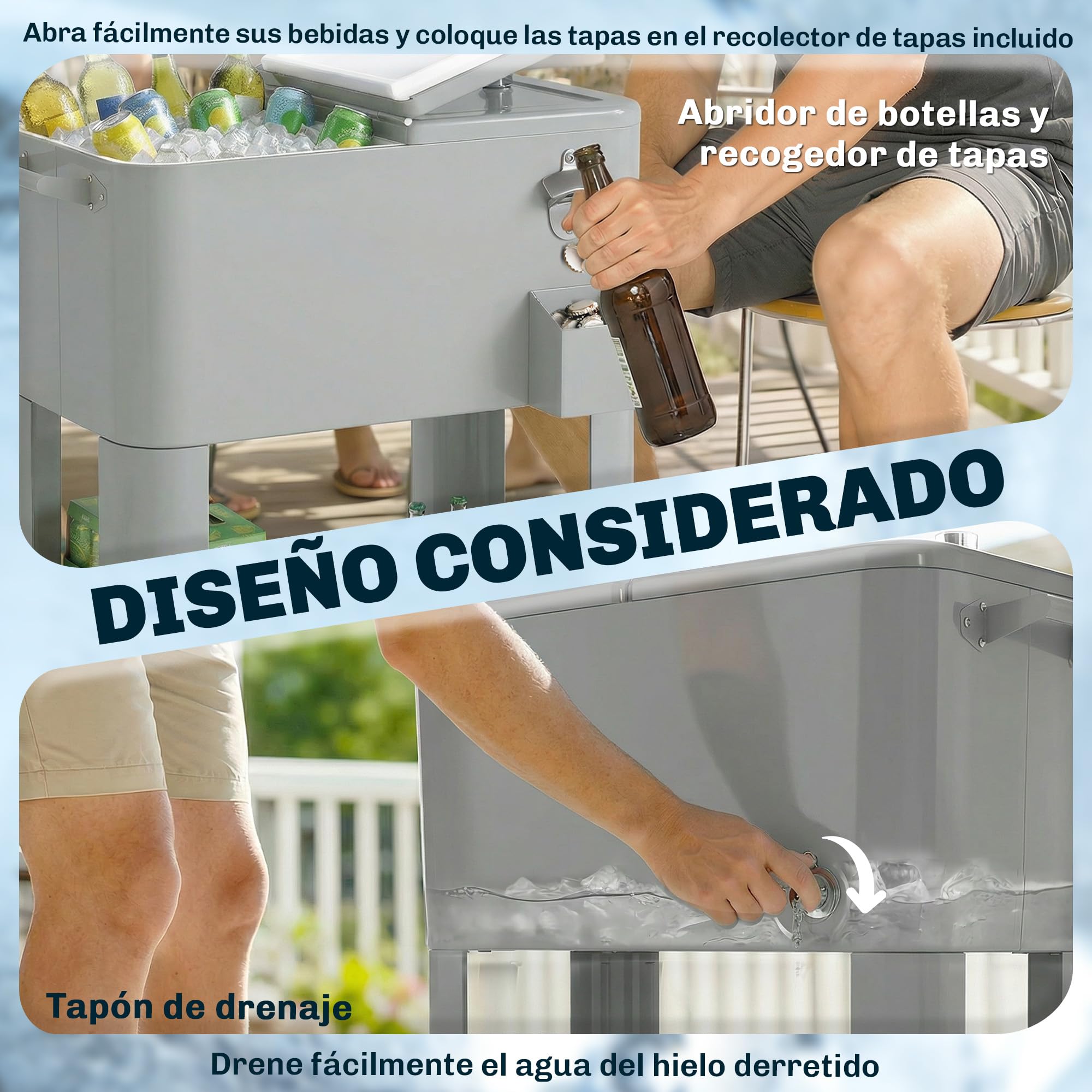 Outsunny Carrito Nevera de 76L con Ruedas, Carro de Bebidas con Estante, Abrebotellas, Recogetapas, Drenaje y 2 Asas, Mesa Nevera Jardín Exterior para Patio, Fiesta, BBQ, 92x39x81 cm, Plateado