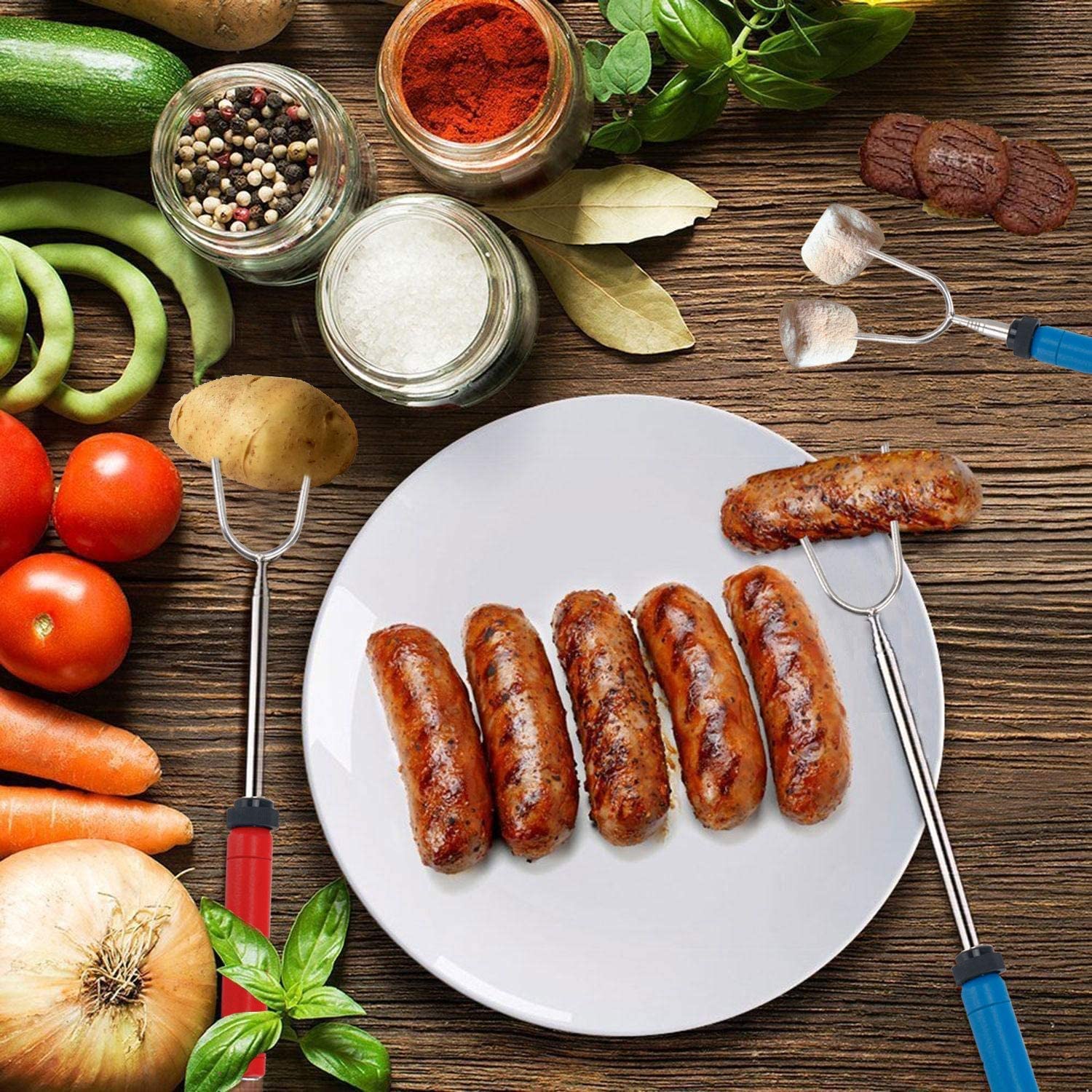 Simple Deluxe Kit di 10 bastoncini per arrostire marshmallow da 86,4 cm, design allungabile, spiedini telescopici e forchette per hot dog con manico in legno