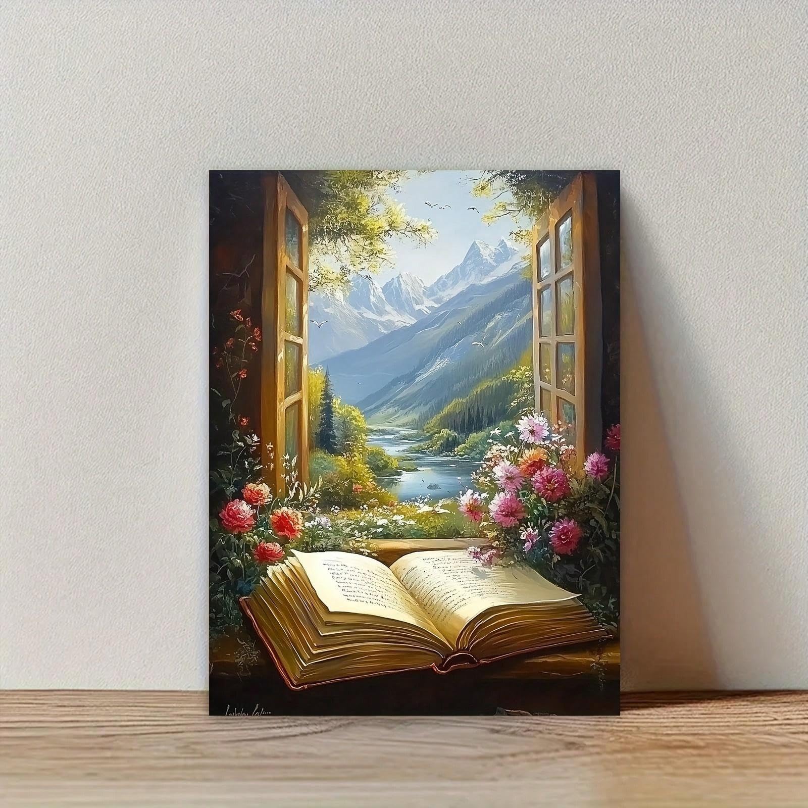 Pintura sobre lienzo, arte de pared, libro abierto con encantadora vista de paisaje para el hogar, oficina, sala de estar, dormitorio, restaurantes, decoración, 70x108cm, marco interior