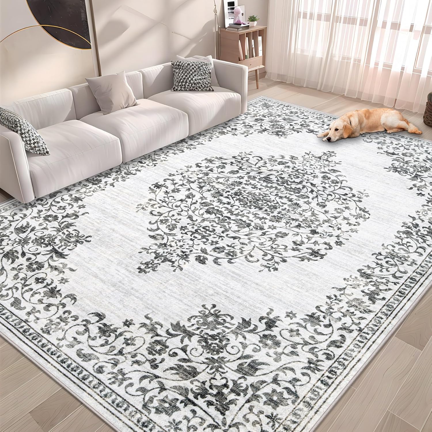 Area Rug 5x7 Vintage Rug: Washable Indoor Medallion Rugs Low Pile Distressed Floor Carpet Retro Accent Rug for Living Room Bedroom Kitchen Dining Table Home Office(Vintage Grey, 5'x7')