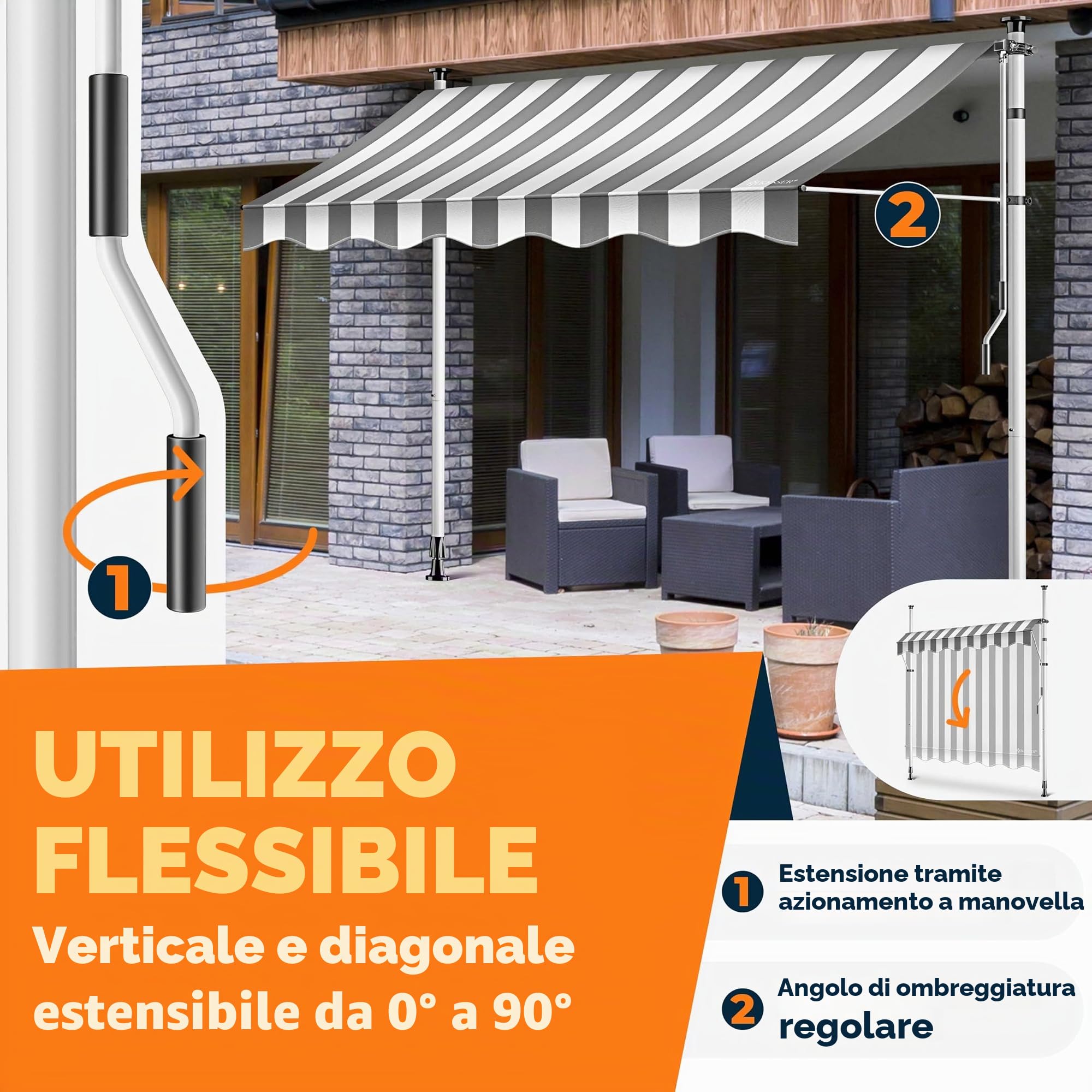 KESSER Tenda da sole con manovella e catena luminosa a LED, tenda da sole per balcone, tenda da sole senza fori, resistente ai raggi UV, regolabile in altezza e impermeabile, protezione solare per