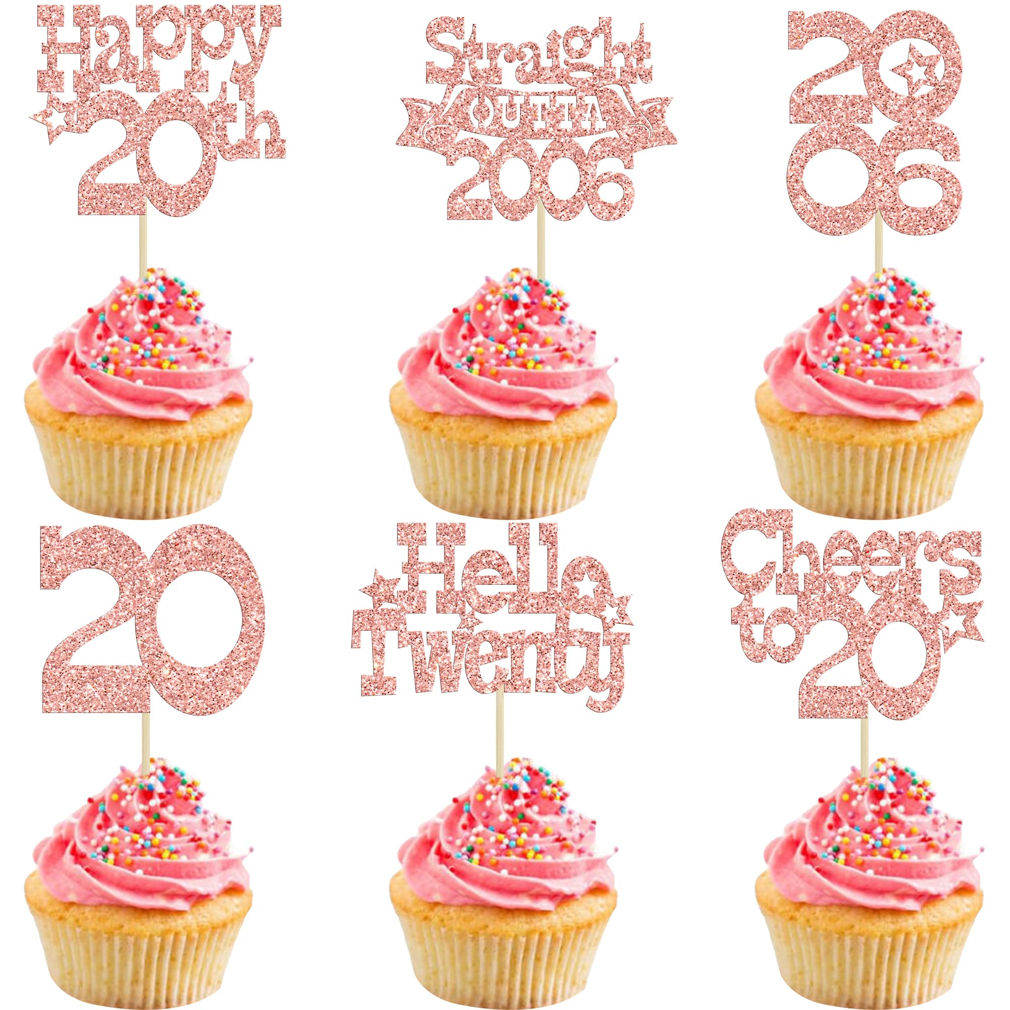 Ephlyn 30Pcs Happy 20th Birthday Cupcake Toppers Glitter Twenty Straight Outta 2006 Cupcake Picks Cheers to 20 Years Cake Decorations for 20th Birthday Anniversary Party Supplies Rose Gold