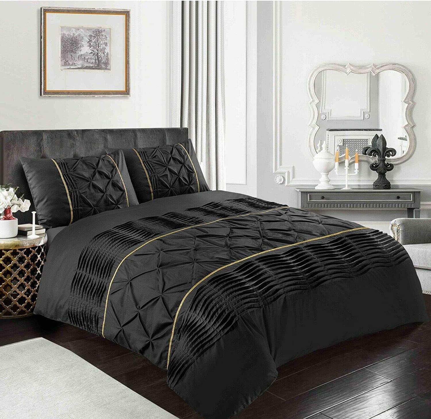 Oceanevo Black Oceanevo® Eleanor Pintuck Duvet Covers With Matching Pillowcases Polycotton Stripes Pleated Bedding Laced Quilt Sets (, Single)