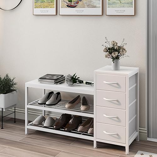 EXOTICA Banco de almacenamiento de zapatos de 3 niveles blanco con 4 cajones y estante para zapatos, armario de almacenamiento para pasillo, puerta