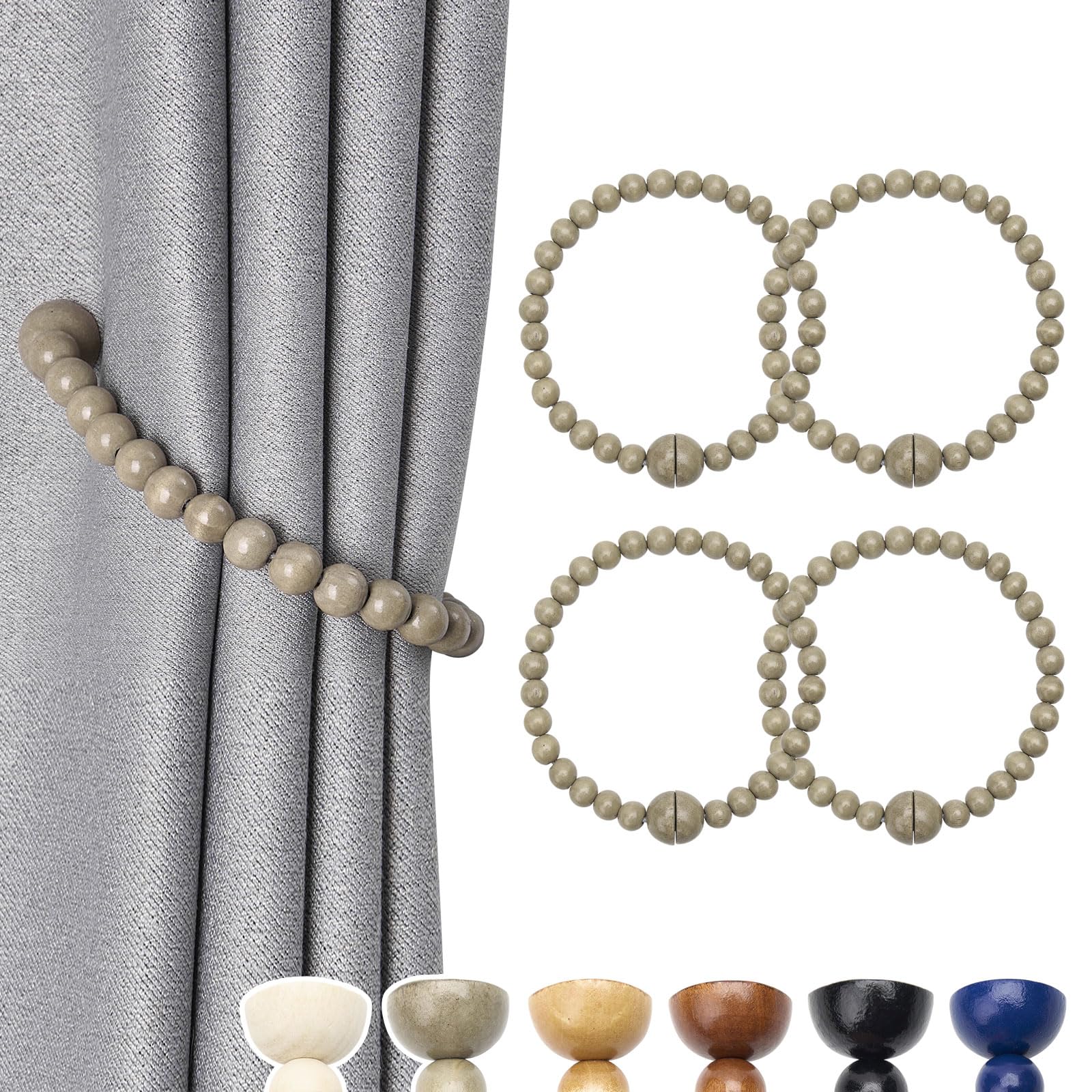 Pretty Jolly 4 Pack Wood Bead Curtain Tiebacks Boho Farmhouse Decor Drape Tie Backs Strong Magnetic Natural Wooden Beaded Curtain Holdbacks for Home & Office Outdoor Window Draperies (Rock Grey)