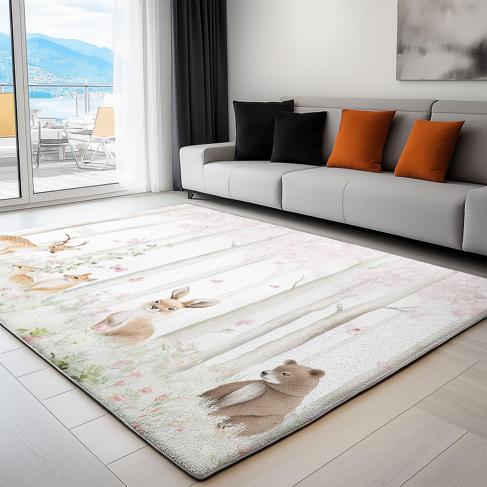Tapis de décoration rectangulaire - Motif : forêt - Renard - avec Motif - Lavable - Antidérapant - en Flanelle Douce - pour Chambre d'enfant - 120 x 170 cm
