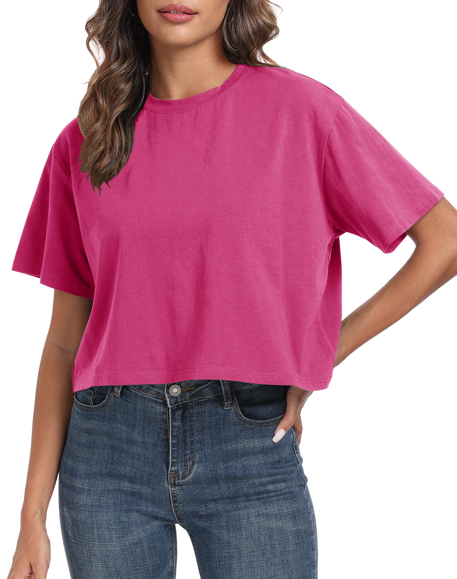 PRIMODA Women's Oversized Workout Cropped T Shirts Crew Neck Short Sleeve Casual Loose Summer Crop Tee Tops Cotton