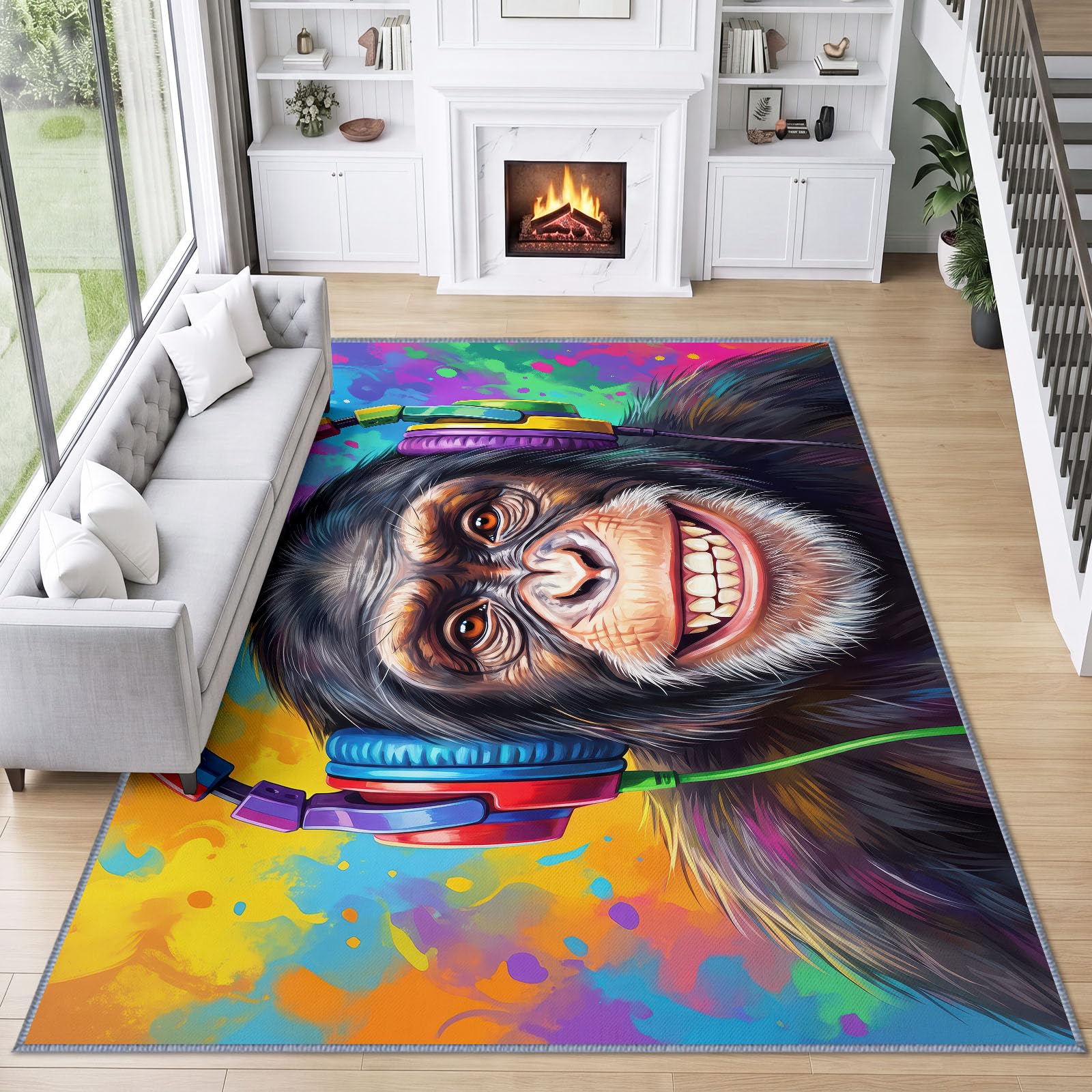 Generisch Teppich Pop Abstrakt Im Trend Wohnzimmer Kurzflor Moderne Deko, Buntes Graffiti Kopfhörer Schimpanse Teppich Grösse: 240 x 300 cm Farbe:Bunt für Wohnzimmer Schlafzimmer Esszimmer Büro