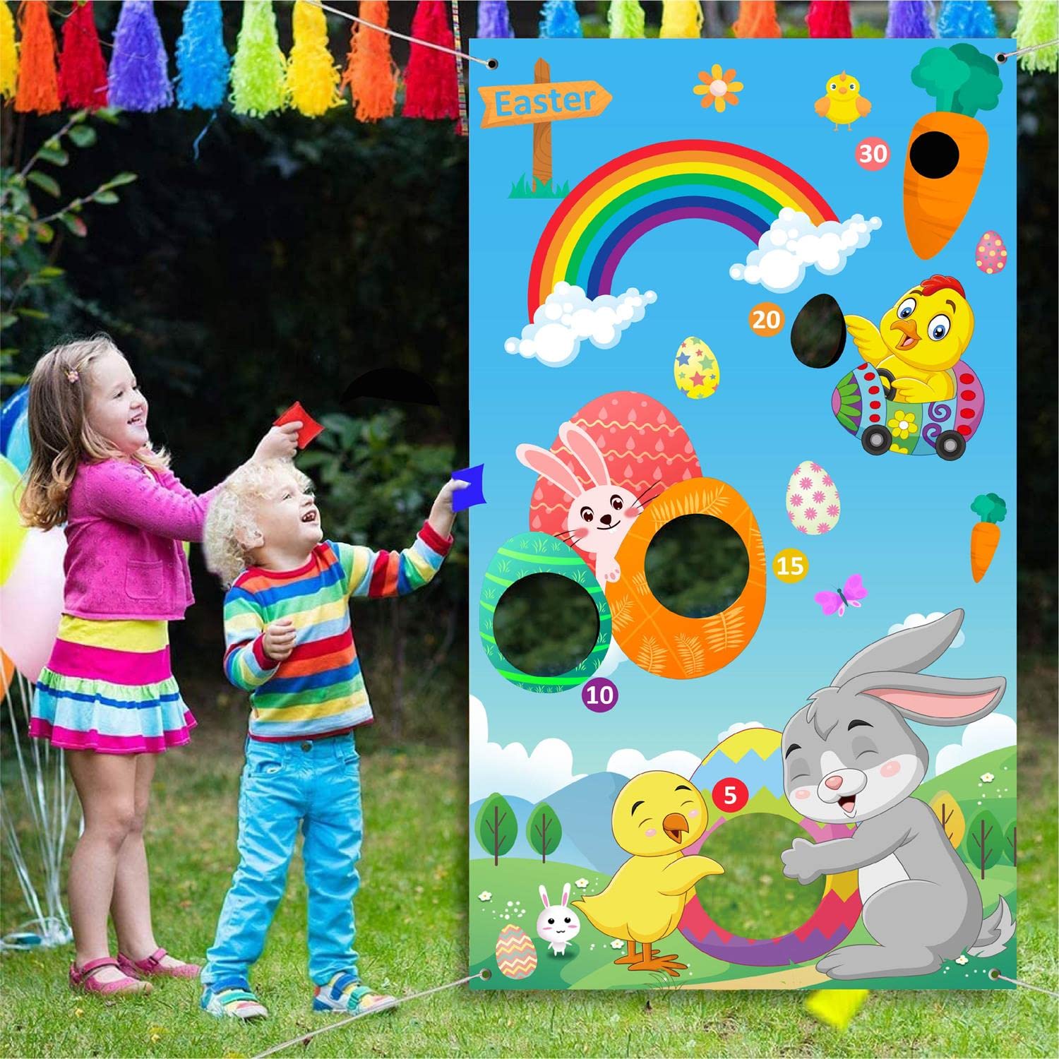 Easter Toss Game Banner with 4 Bean Bags Easter Throwing Banner Bunny Indoor Outdoor Party Games Large Rabbit Toss Game Birthday Party Supplies for Kids Carnival Party Decoration