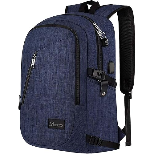 Mancro Laptop Backpack, 15.6 inch Business Backpack Water Resistant Laptops Backpack for Men Women Travel Backpack with USB Charging Port(Blue, 15.6 inch)
