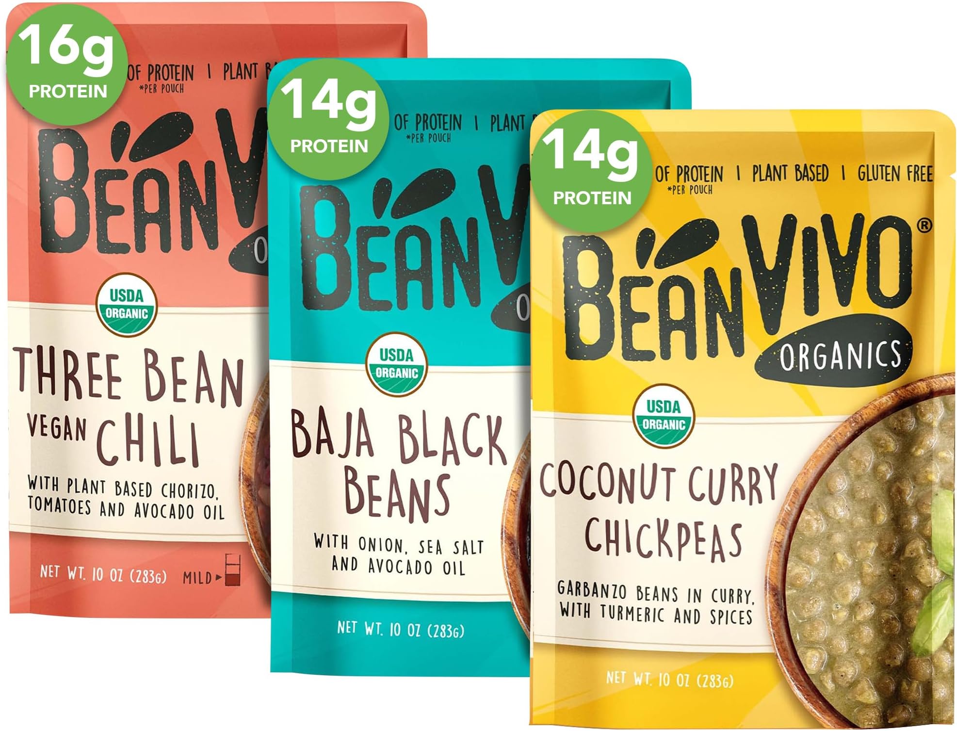 BeanVIVO - Variety 3 Pack (10 oz each) - Organic Baja Black Beans, Three Bean Vegan Chili, Coconut Curry Chickpeas - Seasoned & Ready to Eat, Plant Protein, Vegan, Gluten Free, Microwaveable, Instant Meals