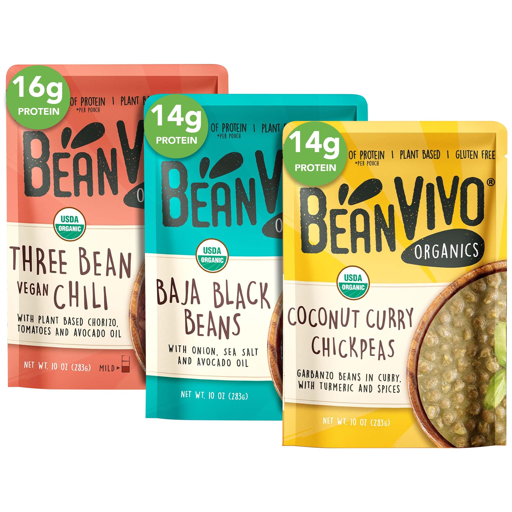 BeanVIVO - Variety 3 Pack (10 oz each) - Organic Baja Black Beans, Three Bean Vegan Chili, Coconut Curry Chickpeas - Seasoned & Ready to Eat, Plant Protein, Vegan, Gluten Free, Microwaveable, Instant Meals