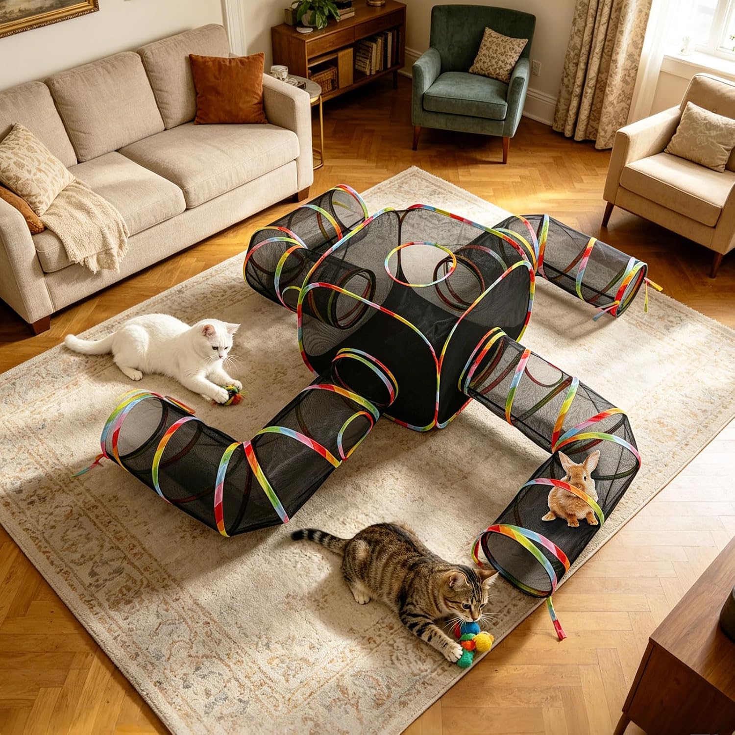 CypherX Cat Tunnel for Indoor Cats, Large Collapsible Cat Tube Toys | 5-in-1 Pop Up pet tent with 11.8" wide tunnels & peek hole for cats, rabbits & ferrets! Breathable, foldable & easy storage