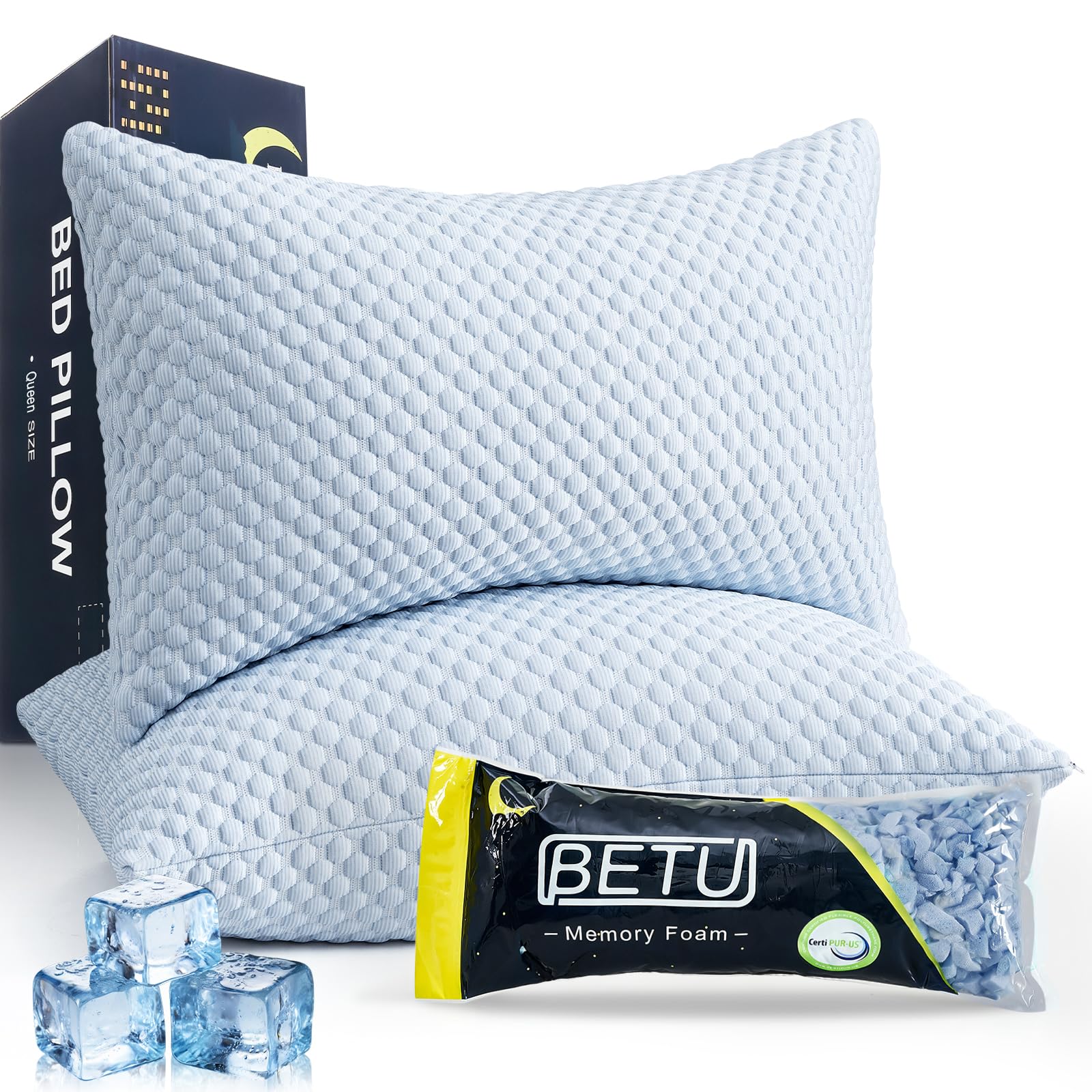 BETU Cooling Pillow Queen Size Set of 2, Breathable Shredded Memory Foam Cool Pillow for Hot Sleepers, Adjustable Soft Support Pillows for Side, Back, Stomach Sleepers, 3D Honeycomb Breathable Cover