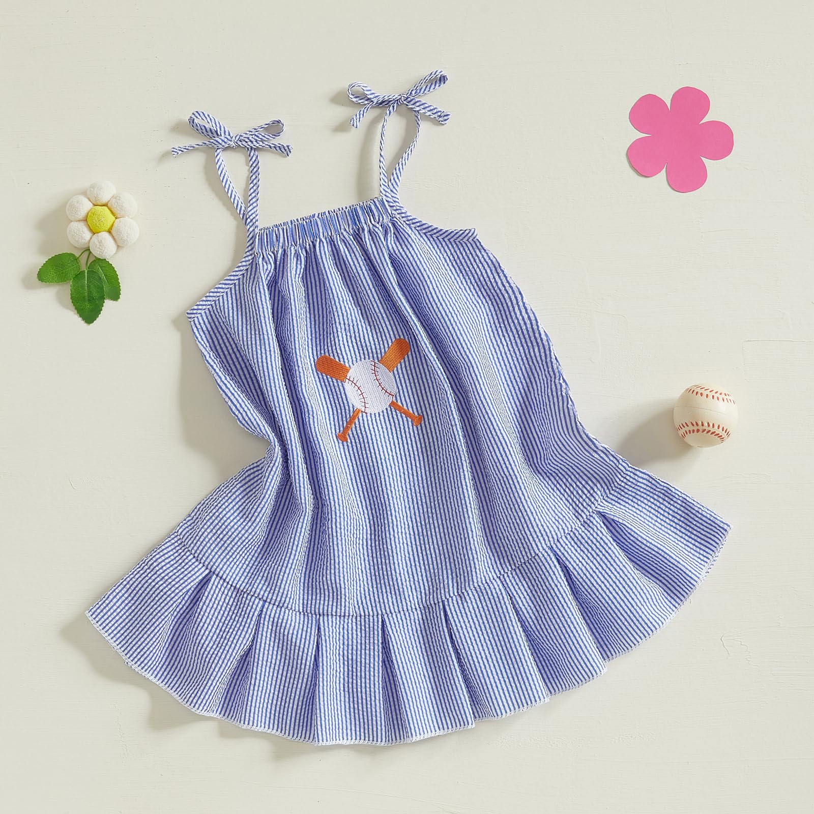 Dewadbow Baby Girls Baseball Dress Toddler Seersucker Dress Sleeveless Baseball Bat Embroidery Sundress Stripe Summer Outfit (Blue, 3-4 Years)