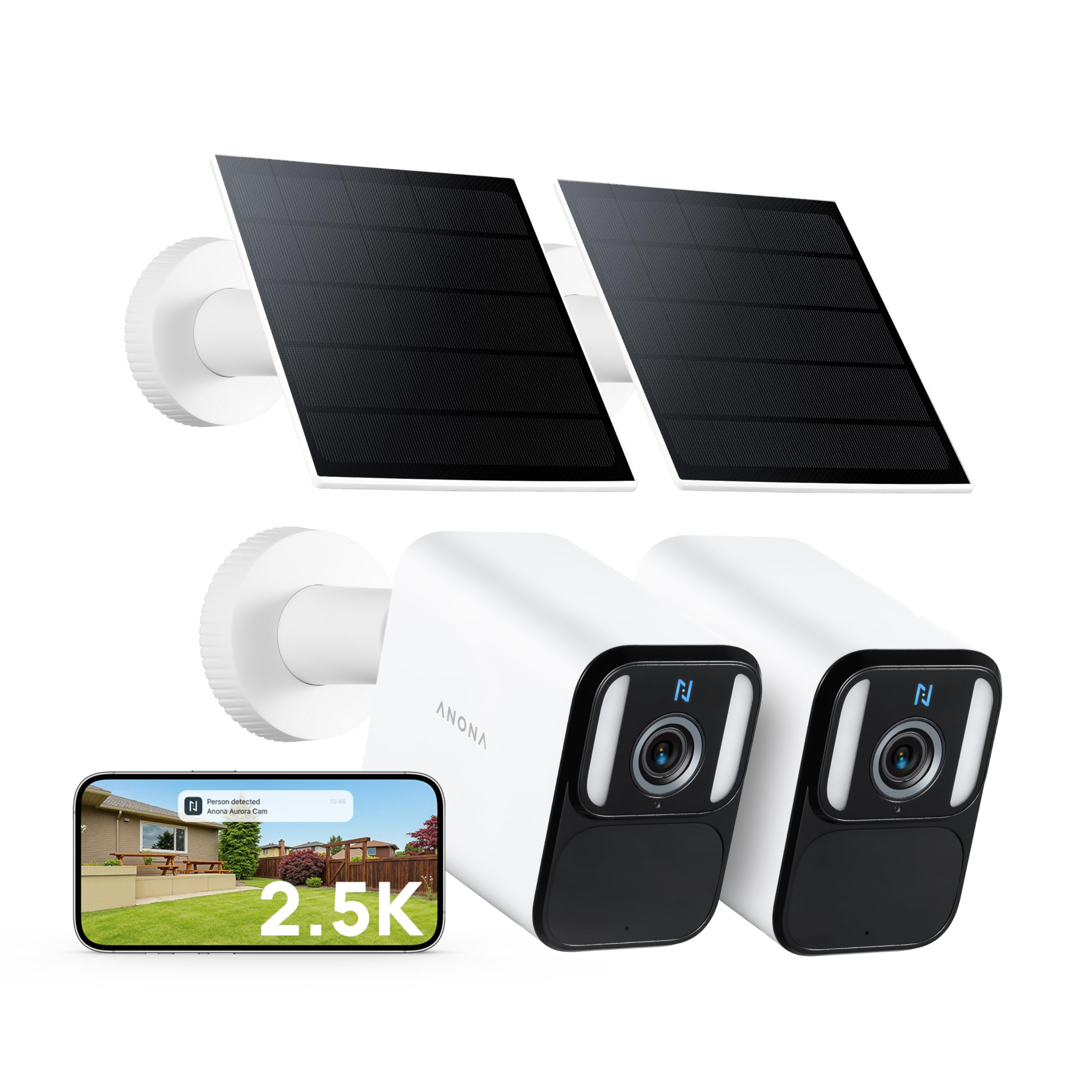 Anona Lucio 2.5K Security Camera Outdoor Battery Wireless with Solar Powered, Color Night Vision &amp; 138° FOV, Multi-Object Detection, No Hub Needed, Two-Way Audio, IP67, 2 Pack