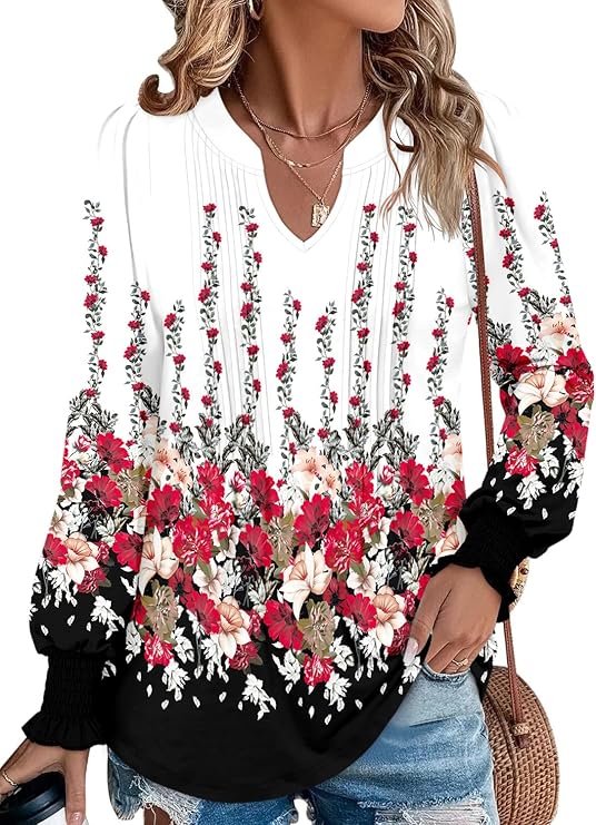 BETTE BOUTIK Long Sleeve Shirts for Women Fall Tops Dressy Blouses Pleated V Neck Tunic Tops for Leggings S-3XL