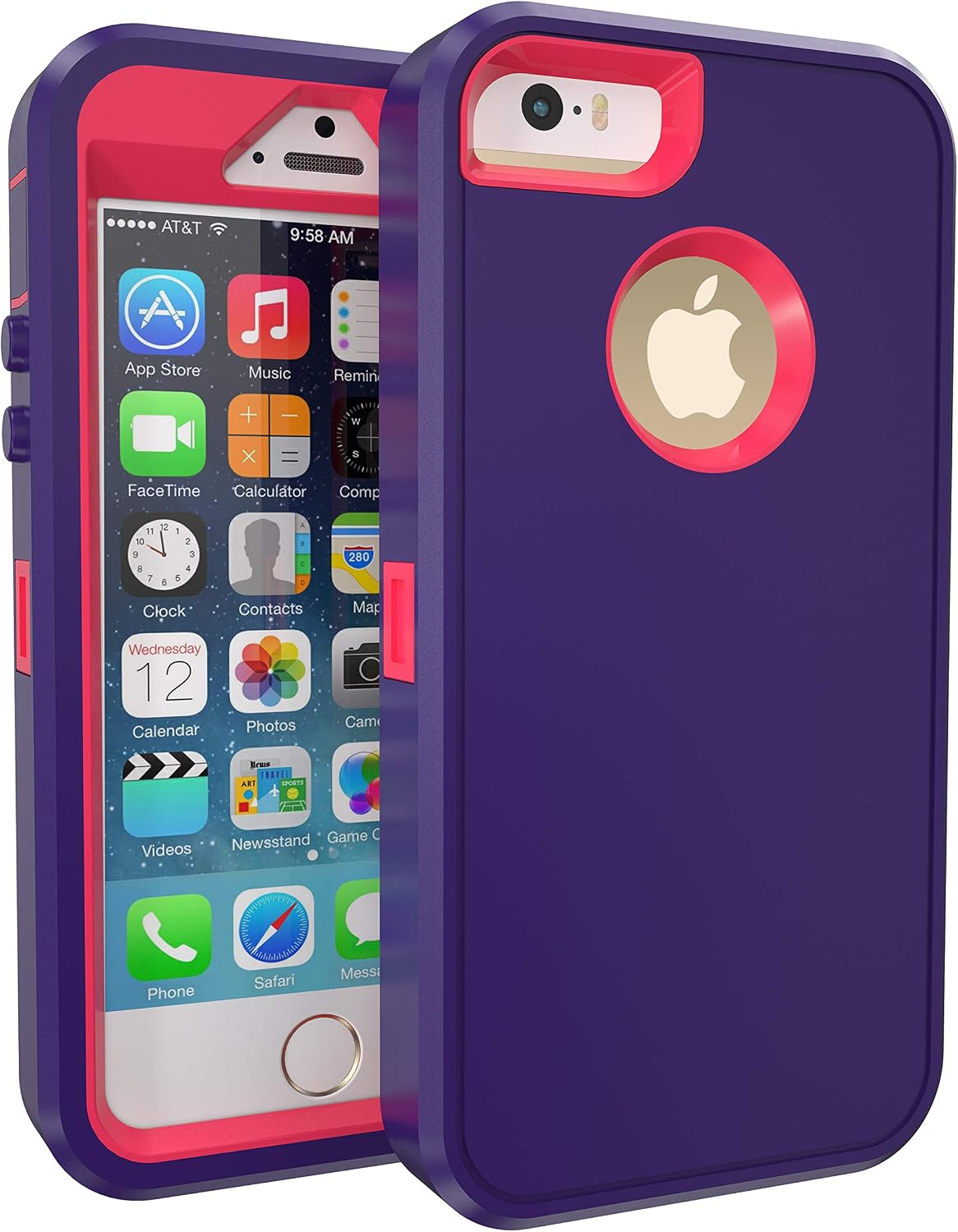 MXX iPhone 5S Heavy Duty Case, [2016 Edition] Built-in Screen Protector Soft TPU Hard PC Inner Shell Bumper Case with 360 Degree Rotating Belt Clip Compatible with Apple iPhone 5S/ SE /5 (Purple/Pink)