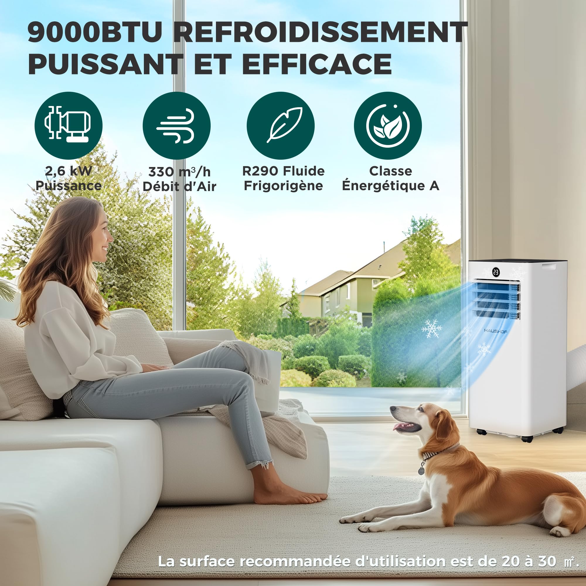 HAUSHOF Climatiseur Mobile 9000 BTU, 4-en-1 avec Tuyau d’Évacuation et Housse d’Isolation Thermique, 330 m³/h, Déshumidificateur 25 L/Jour, Mode Nuit, Télécommande, Kit Fenêtre, Jusqu’à 30 m²