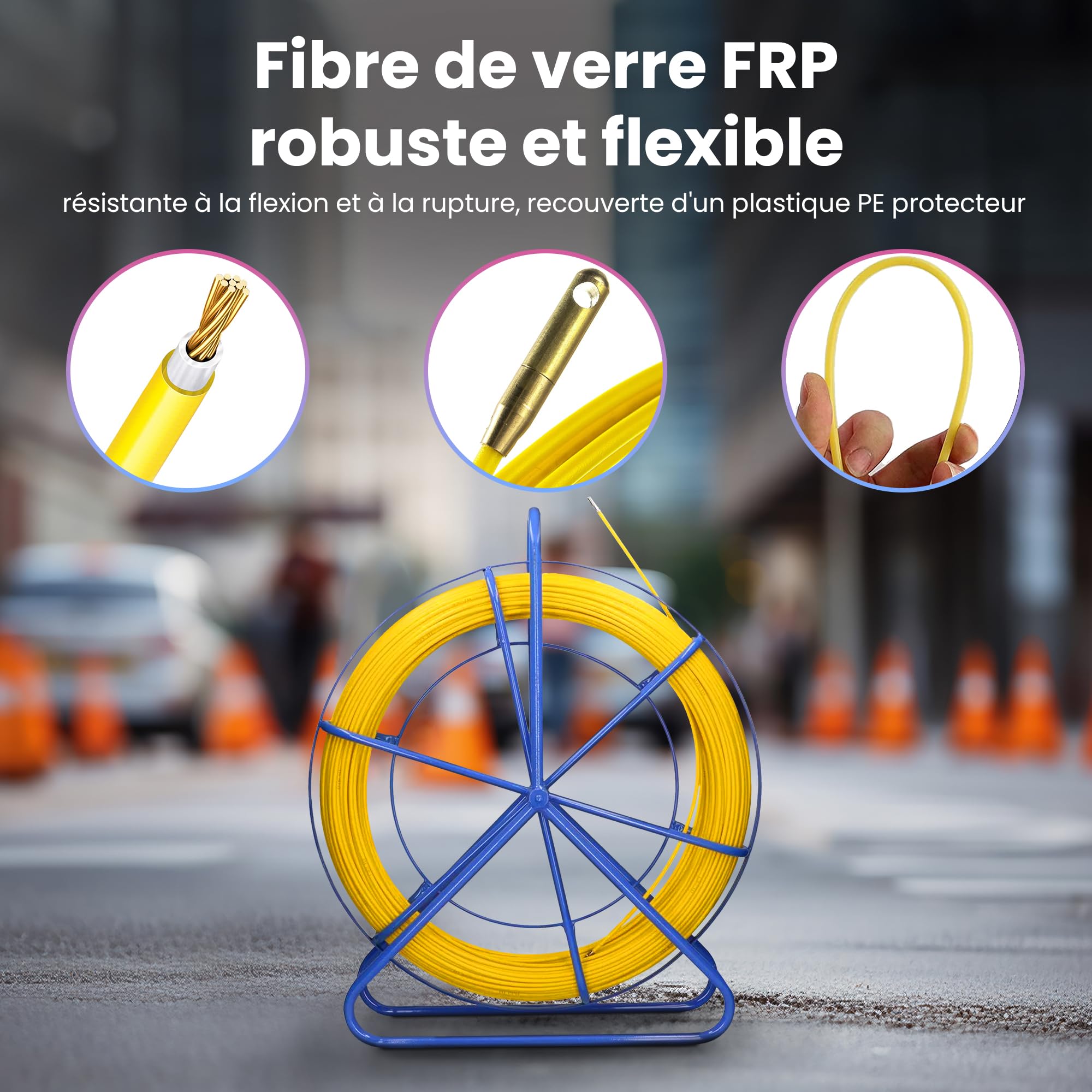Extralink FRP Tige en fibre de verre, 8 mm de diamètre, 75 m, tube vide avec porte-rouleau et frein, ressort de traction à haute élasticité et résistance, accessoire de câble en fibre de verre pour