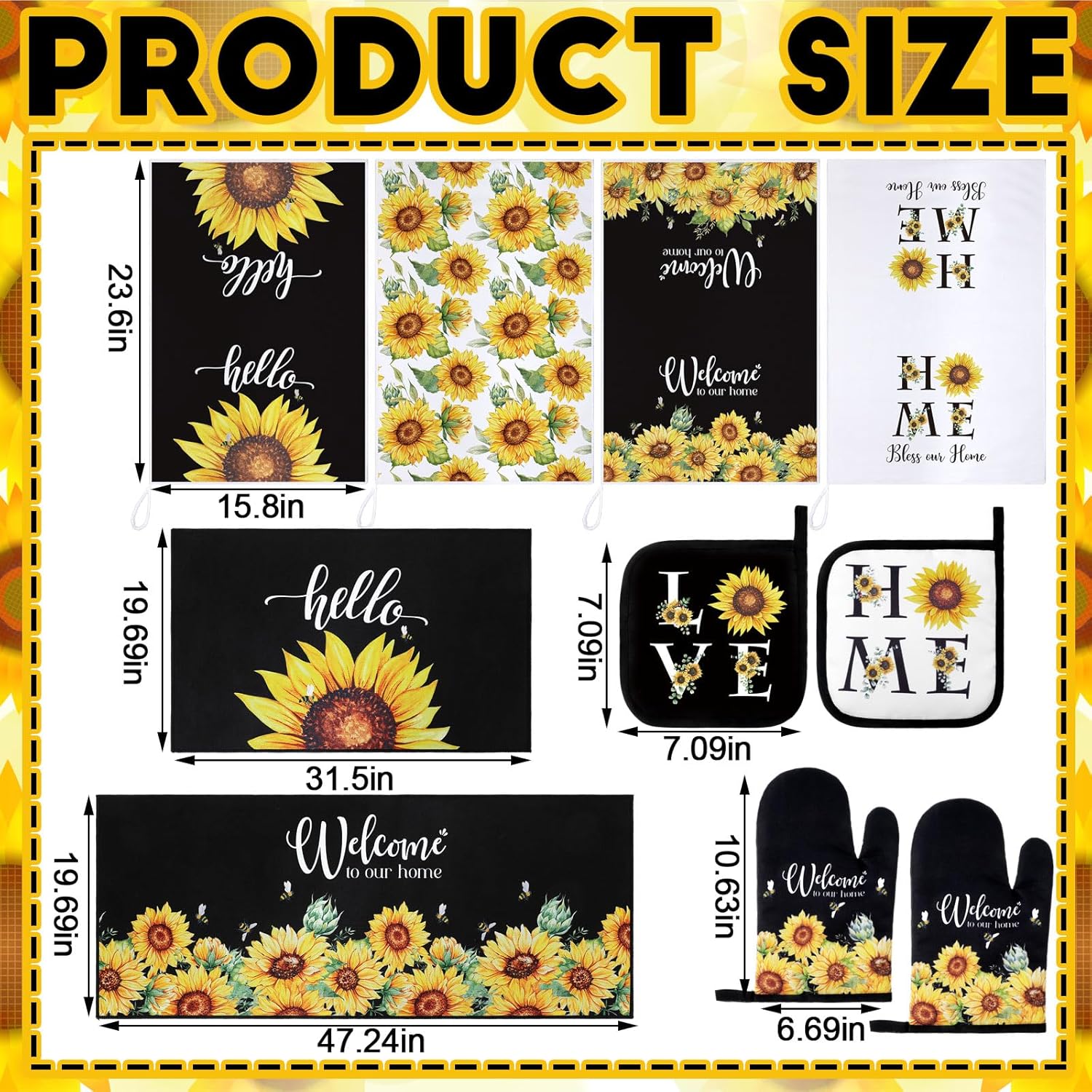 10 Pcs Sunflower Kitchen Dish Towels Rugs Oven Mitts and Pot Holders Set Farmhouse Kitchen Decor Set for Women Mom Daughter Gift Cooking Baking Grilling (Bright Black Yellow) - Image 3