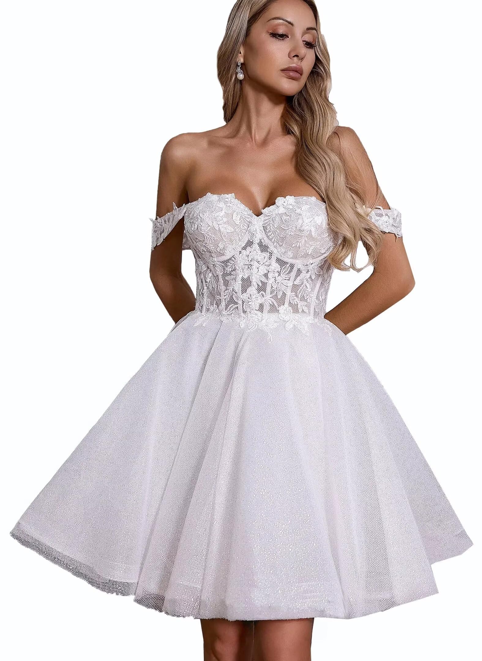 Robe de mariée courte avec manches en dentelle - Robe de soirée élégante - Ligne A