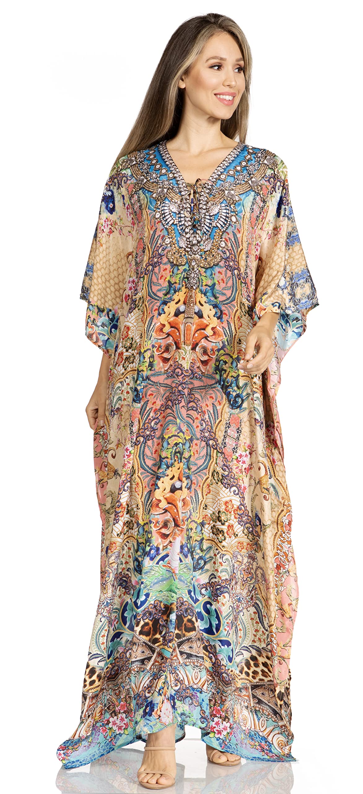 Sakkas Yeni Women's Short Sleeve V-Neck Summer Floral Long Caftan Dress Cover-up