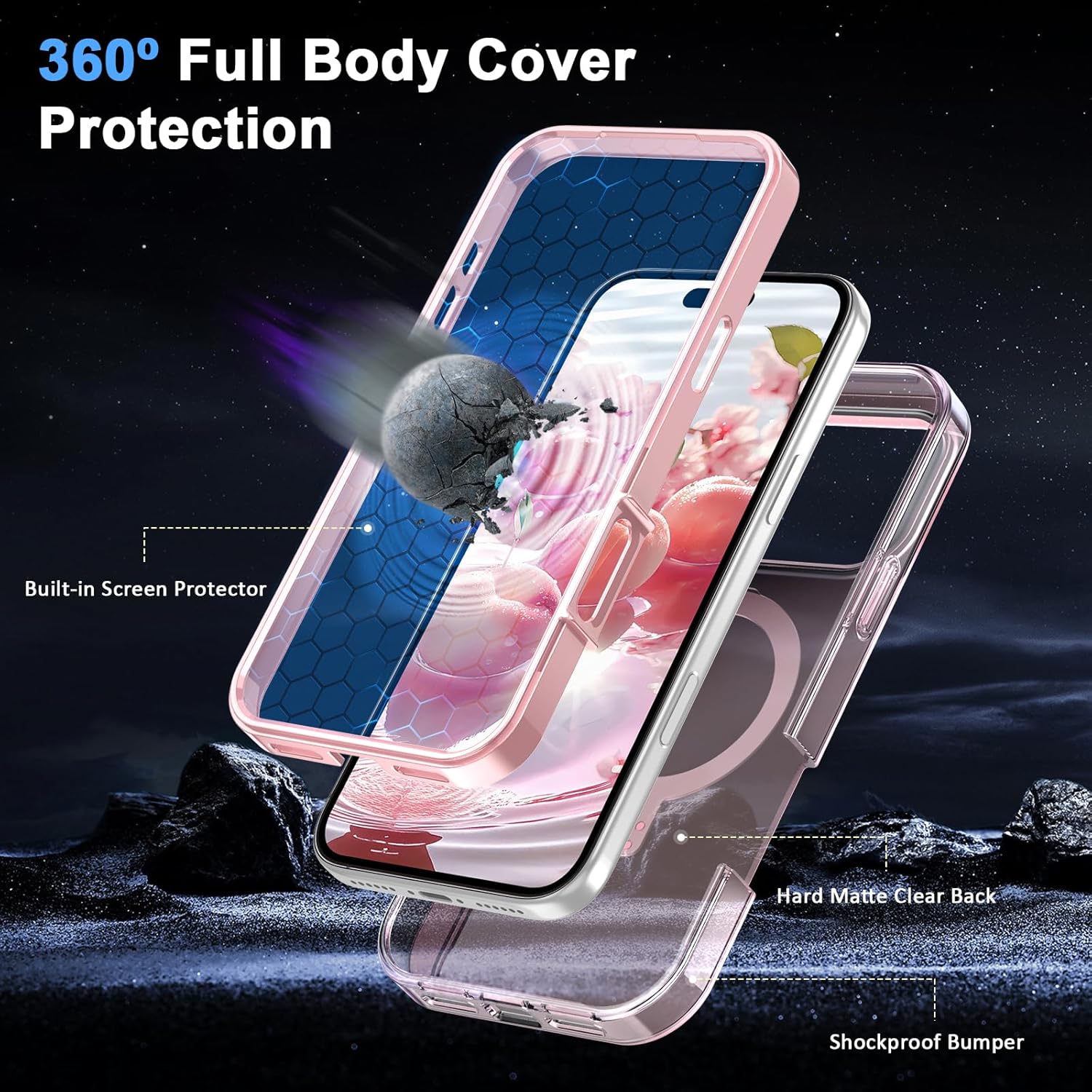 for iPhone 17 Pro Max Case Built-in Screen Protector with Magnetic Invisible Stand [ Compatible with MagSafe] Full Body Military Shockproof Translucent Phone Cover-Pink