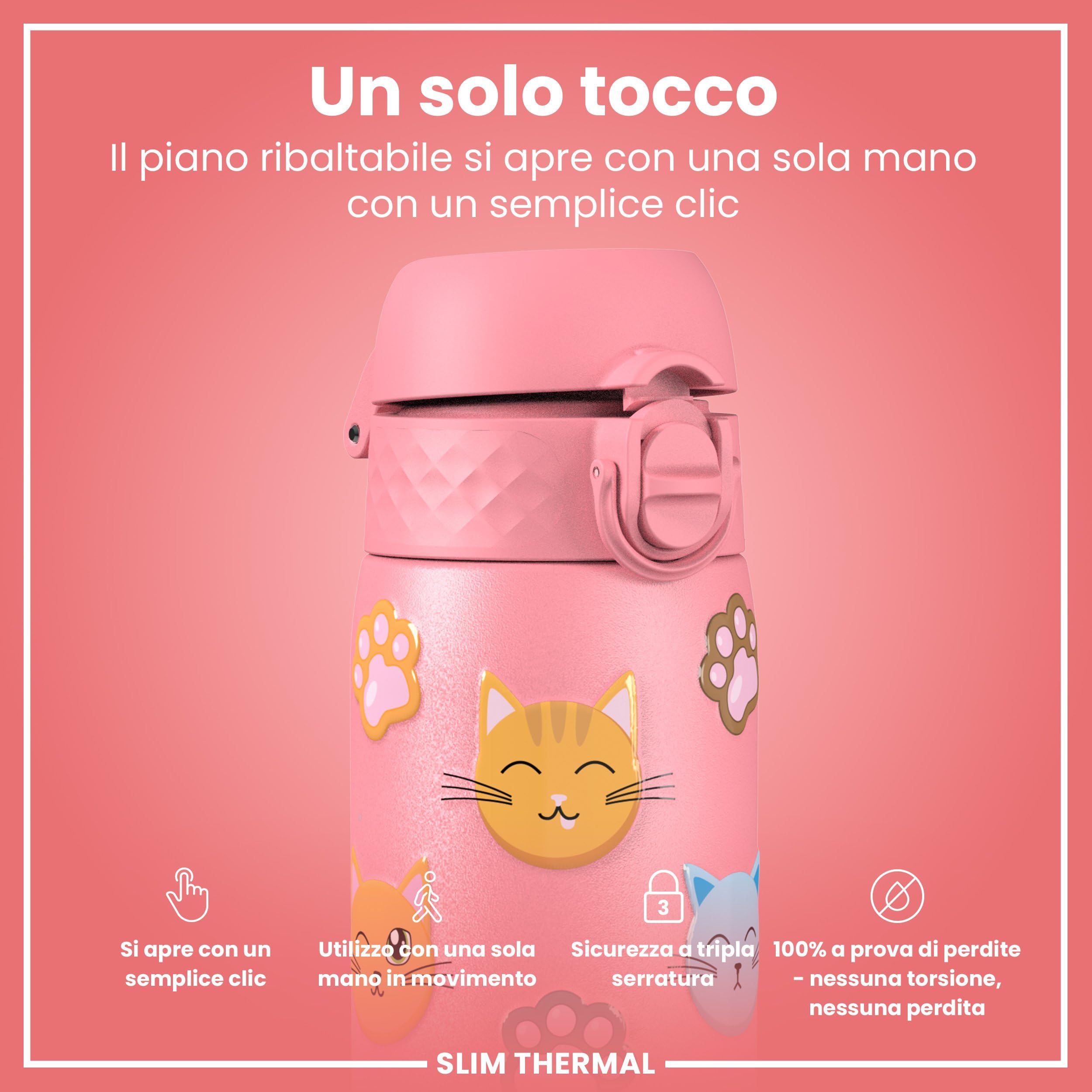 Ion8 Borraccia Termica in Acciaio Isolato, 500ml, a Prova di Perdite, Facile da Aprire, Serratura Sicura, Lavabile in Lavastoviglie, Maniglia per il Trasporto, Facile Pulizia, Durevole,Gatti