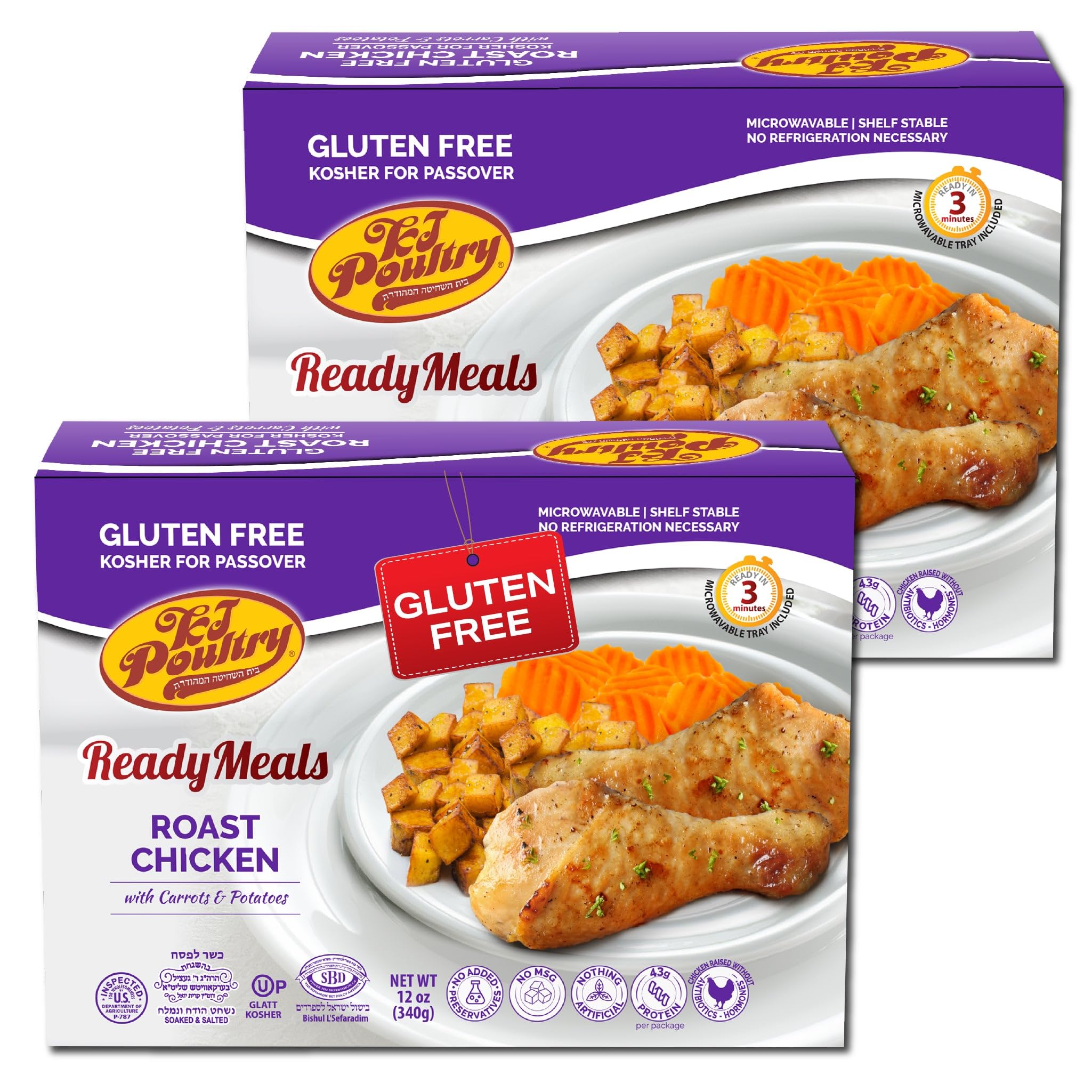 KJ Poultry Kosher for Passover Gluten Free Meals, Roast Chicken with Potato & Carrots, Halal, (2 Pack) Prepared Entree Fully Cooked, Shelf Stable Microwave Dinner, Travel Military Camping