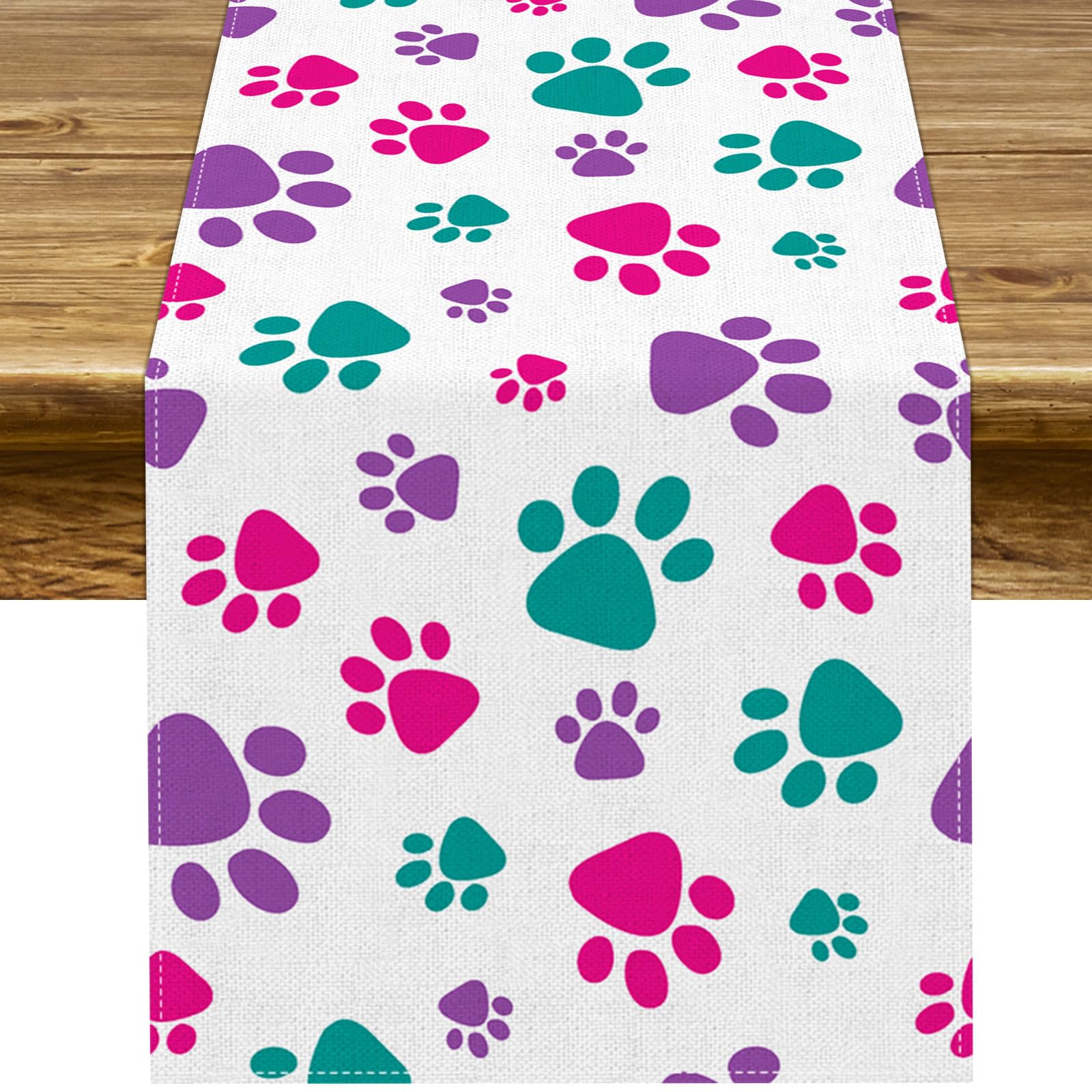 Paw Print Table Runner Dog Themed Birthday Party for Kids Decoration Puppy Pet Kitchen Dining Room Home Decor (Girl, 13" x 72")