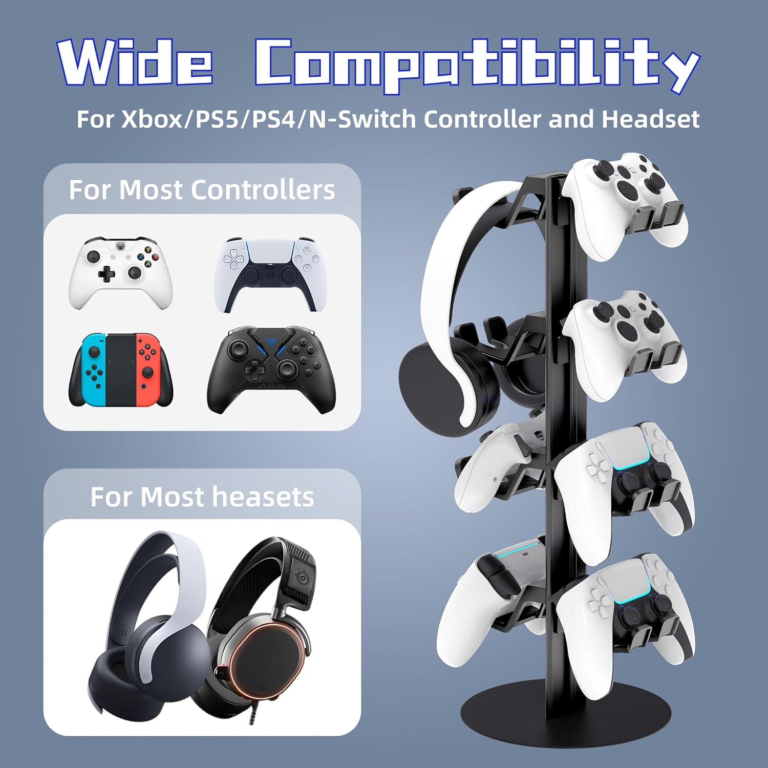 Game Controller Holder Stand Compatible with N-Switch 2 PS5 PS4, 4 Tiers Aluminum Gaming Headphones Stand Headset Holders & Desk Mounts for 8 Packs Controller