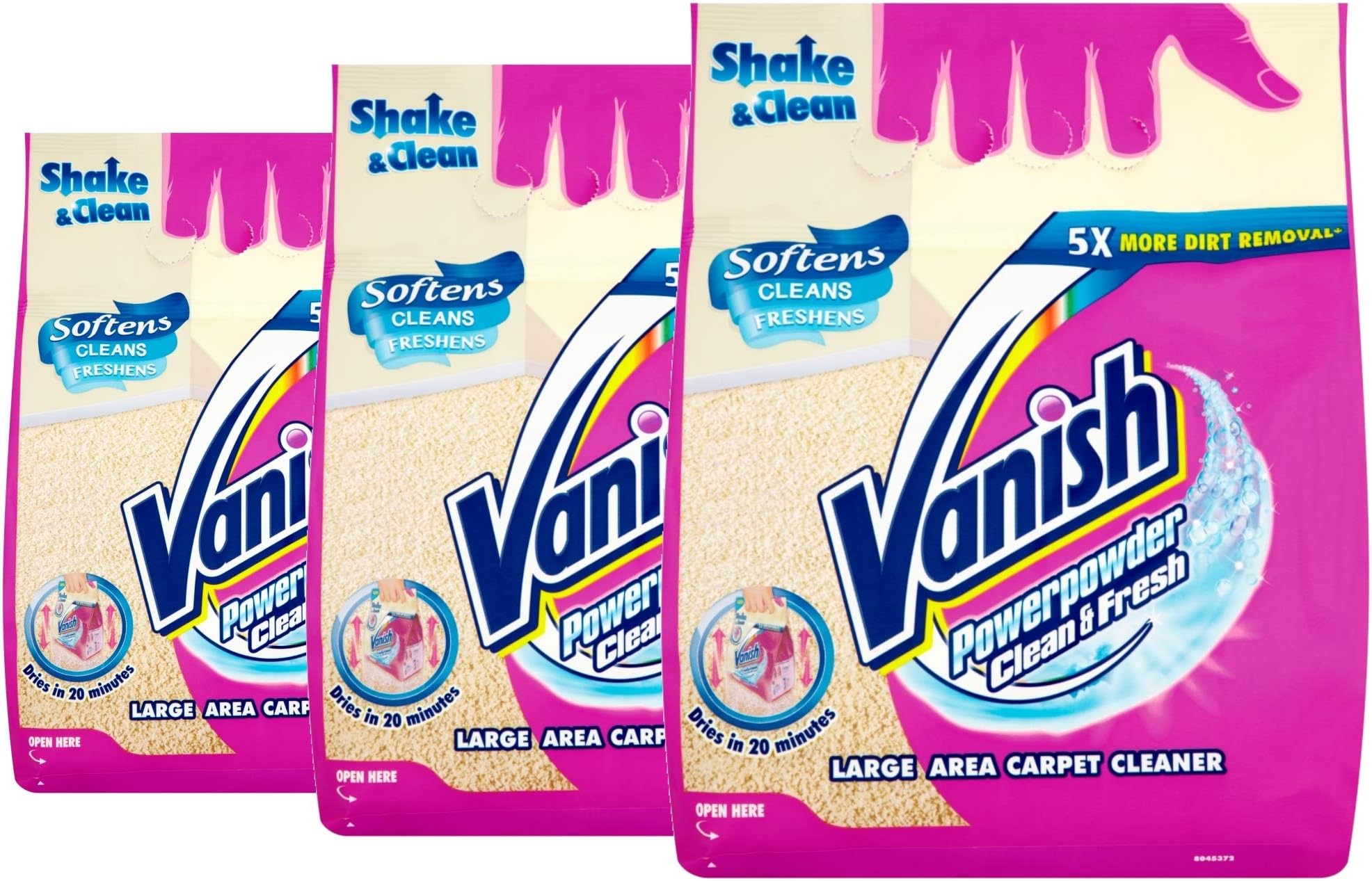 3 x Vanish Shake & Clean Large Area Carpet Cleaner Power Powder Softens 650g
