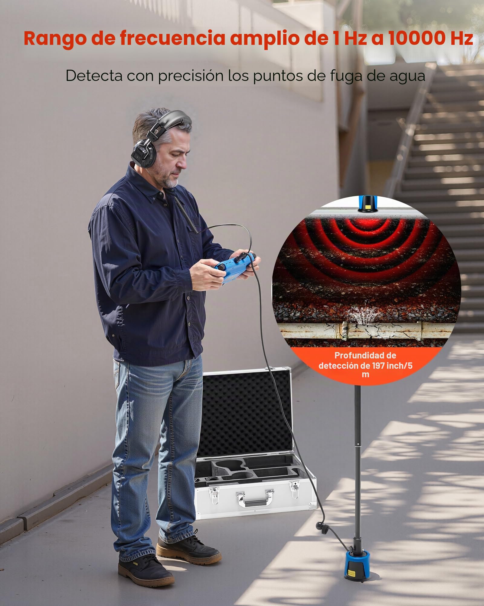 VEVOR Detector de Fugas de Agua para Tuberías Subterráneas, 1–10 000 Hz, Pantalla Táctil 17,78 cm, 5 m de Longitud, con Sensor Mediano, 3 Varillas de Escucha, Auriculares y Estuche de Transporte