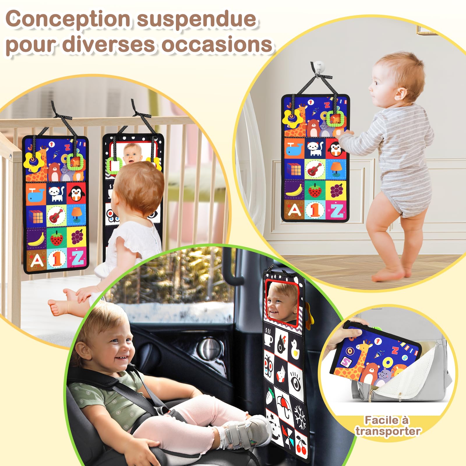 URMYWO Jouet Bebe 0-3-6-9-12 Mois - Miroir d'Éveil Pliable avec Jouet de Dentition et Livre Papier froissé Sensoriel - Montessori Noir et Blanc à Motifs Contrastés pour l'Éveil des Bébés